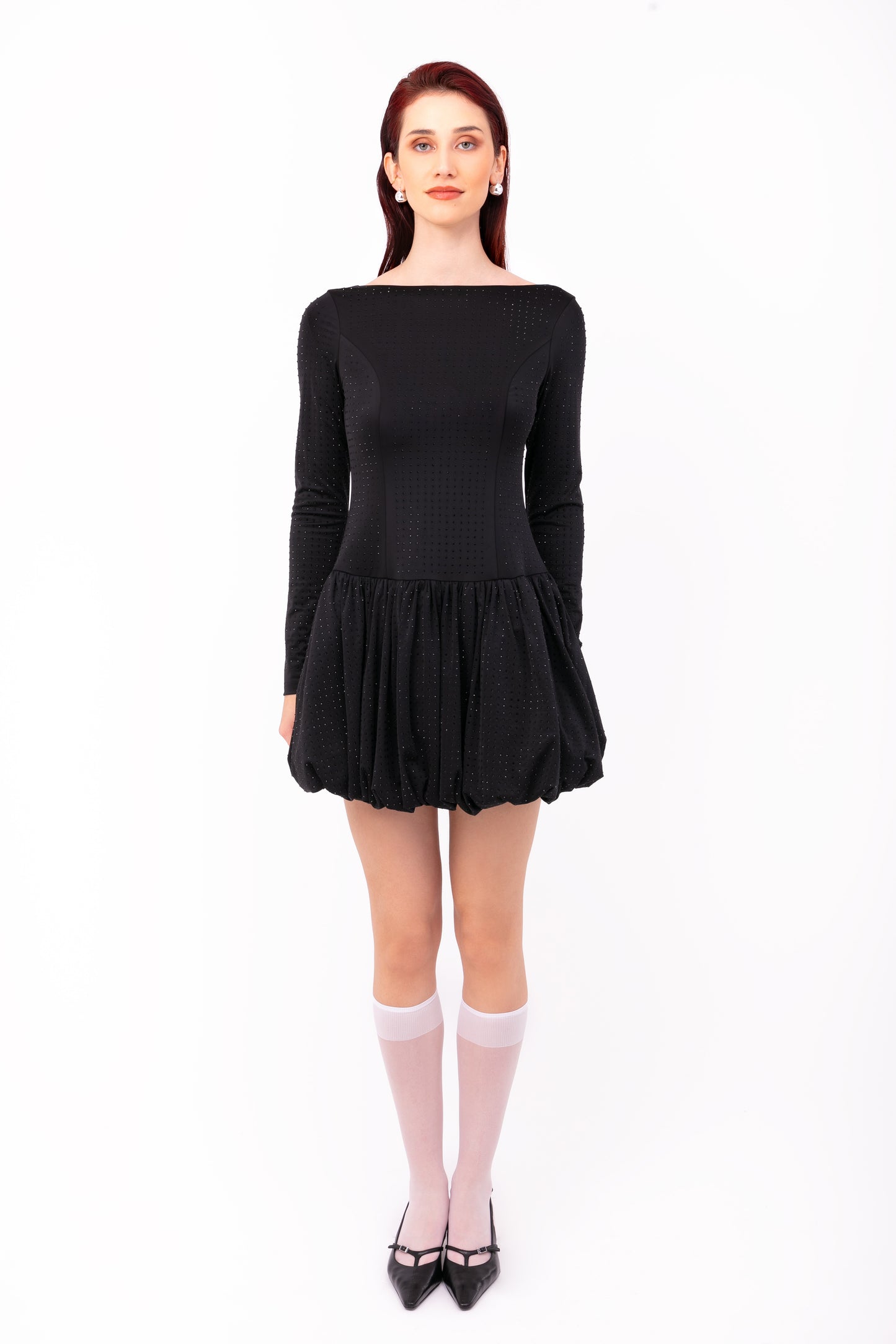Deva Black Embellished Puffball Mini Dress-ALLW190