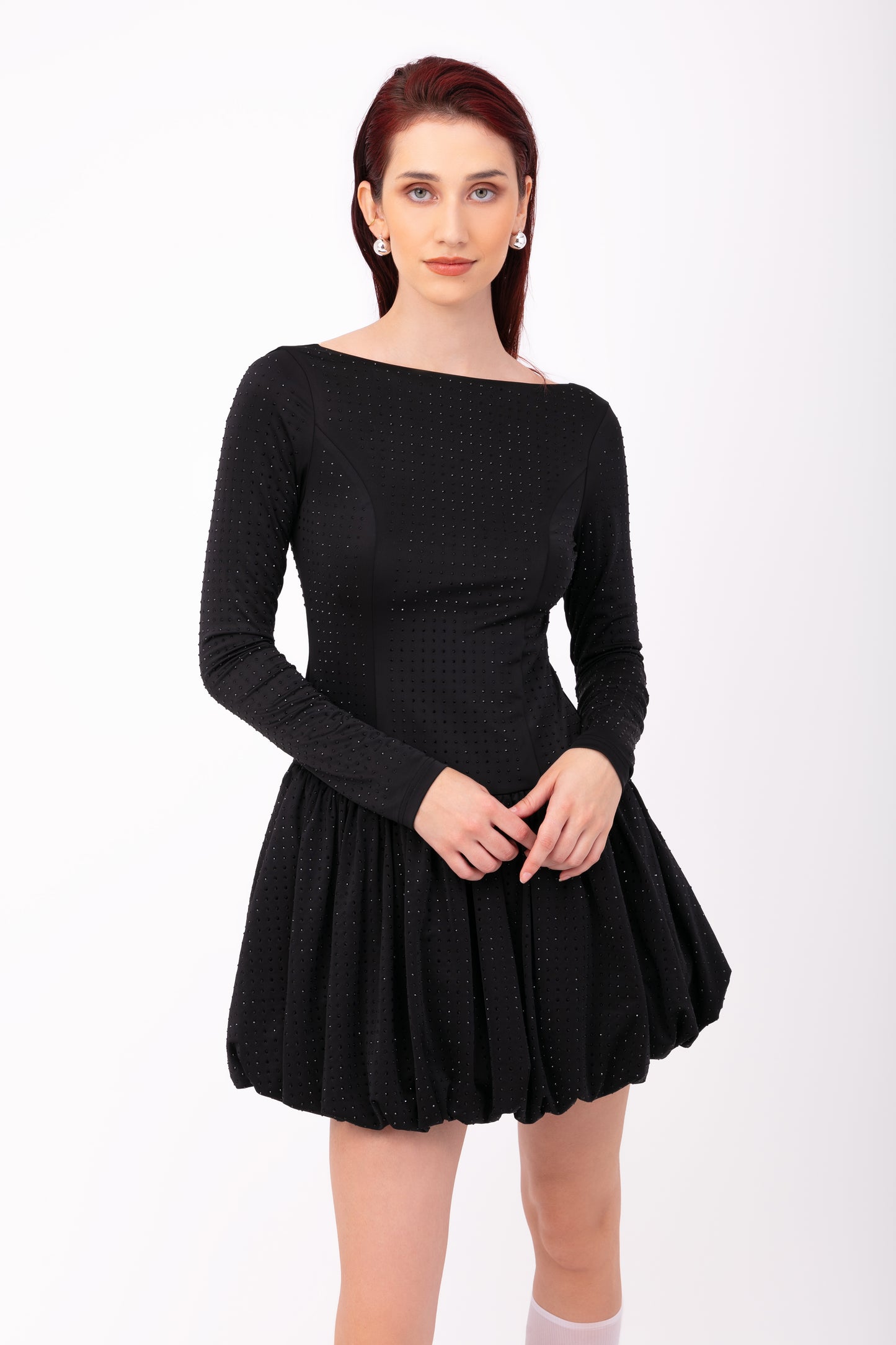 Deva Black Embellished Puffball Mini Dress-ALLW190