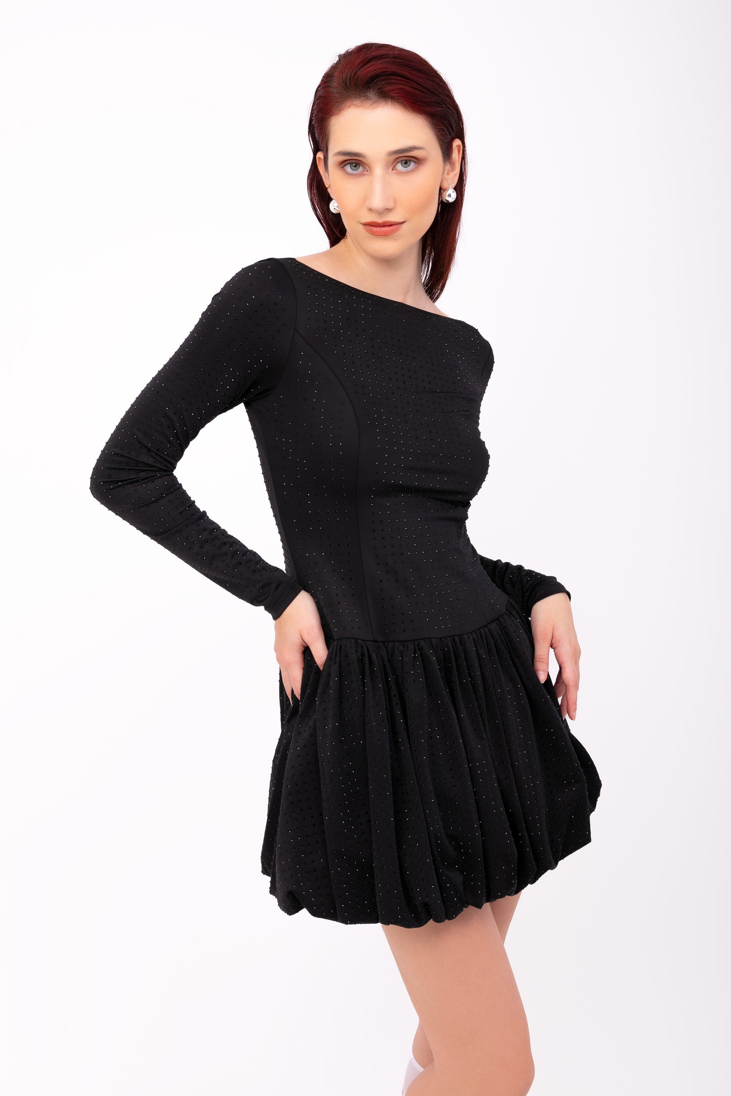 Deva Black Embellished Puffball Mini Dress-ALLW190