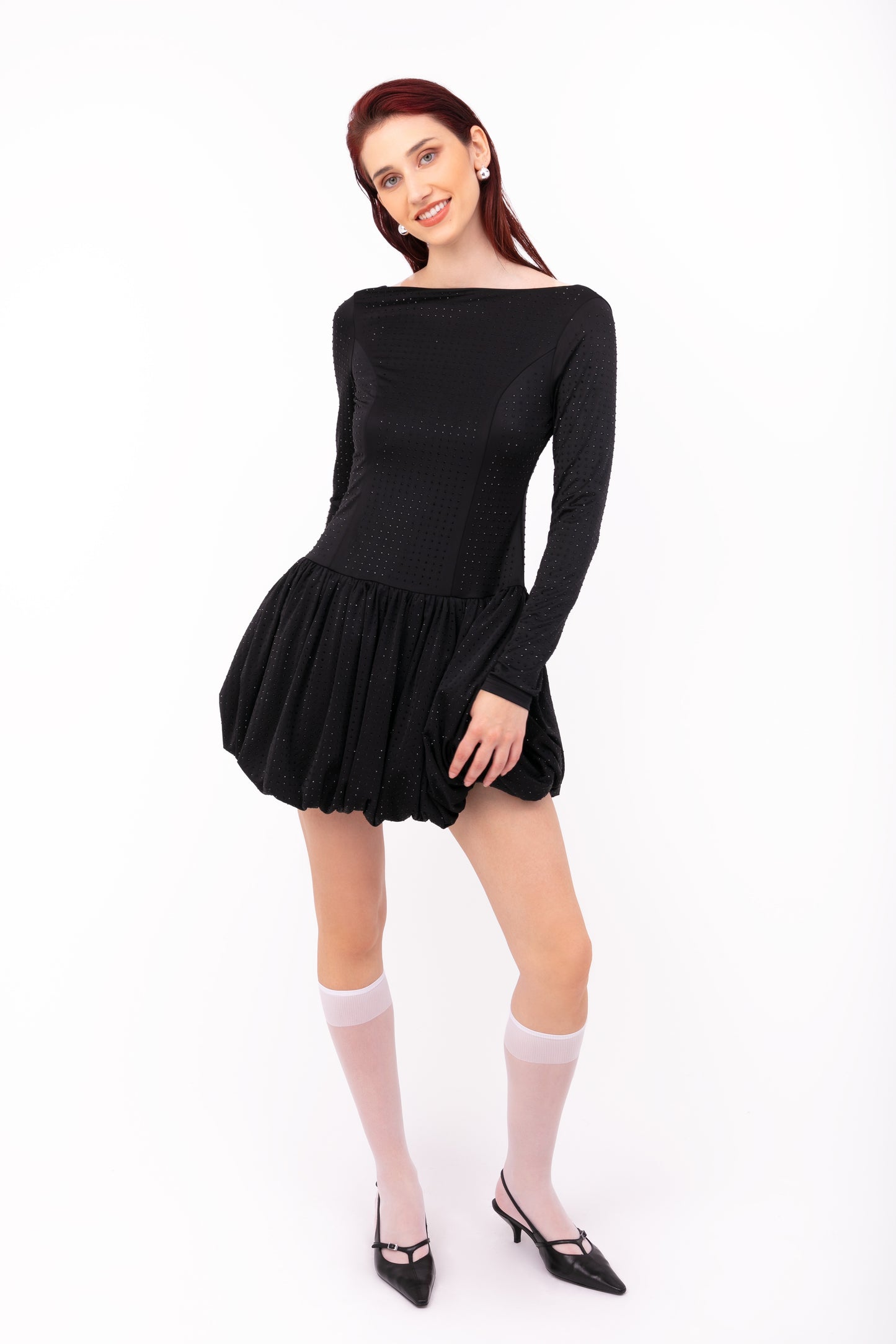 Deva Black Embellished Puffball Mini Dress-ALLW190