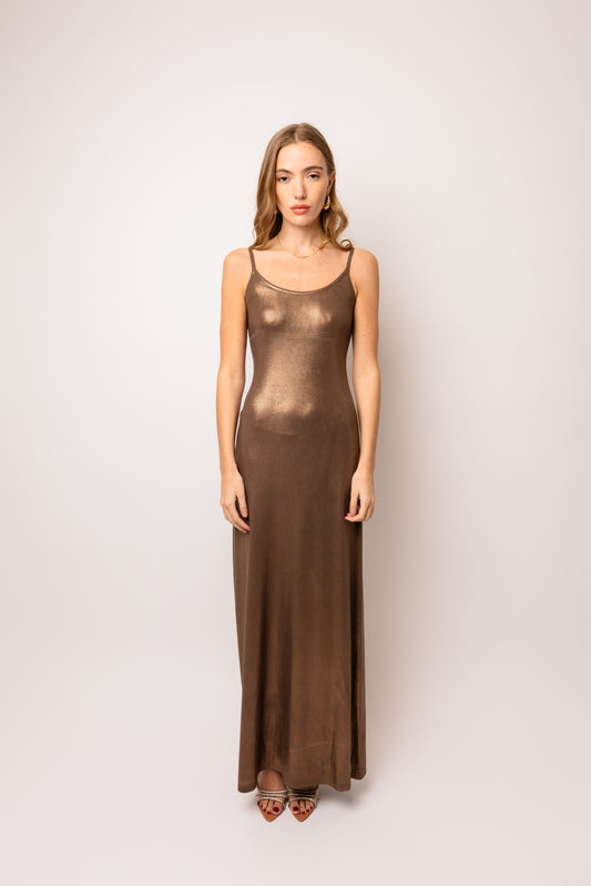 Kimber Brown Metallic Maxi Dress-ALLW076