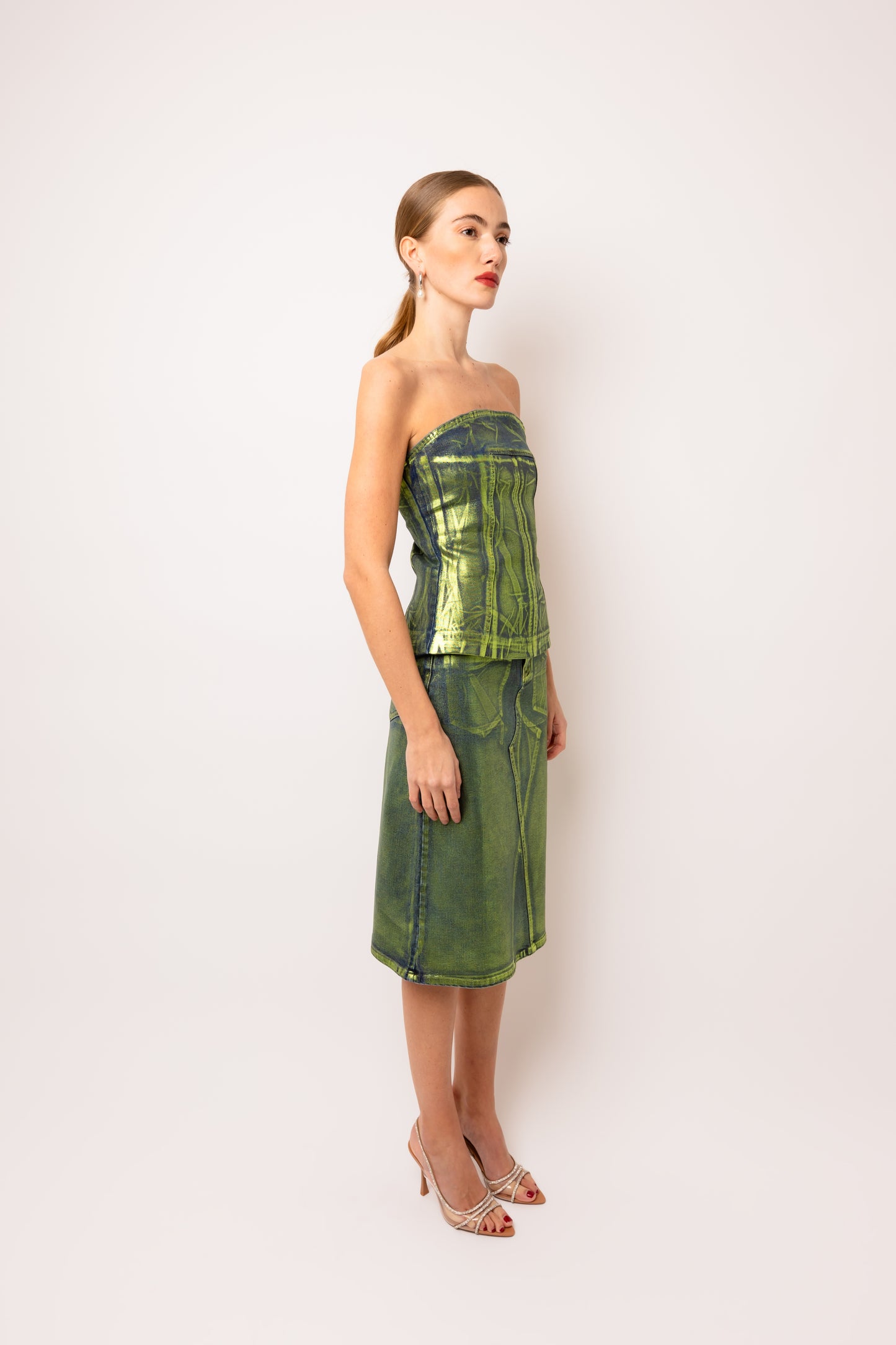 Clara Green Denim Foil Coated Midi Skirt-ALCM0005-1