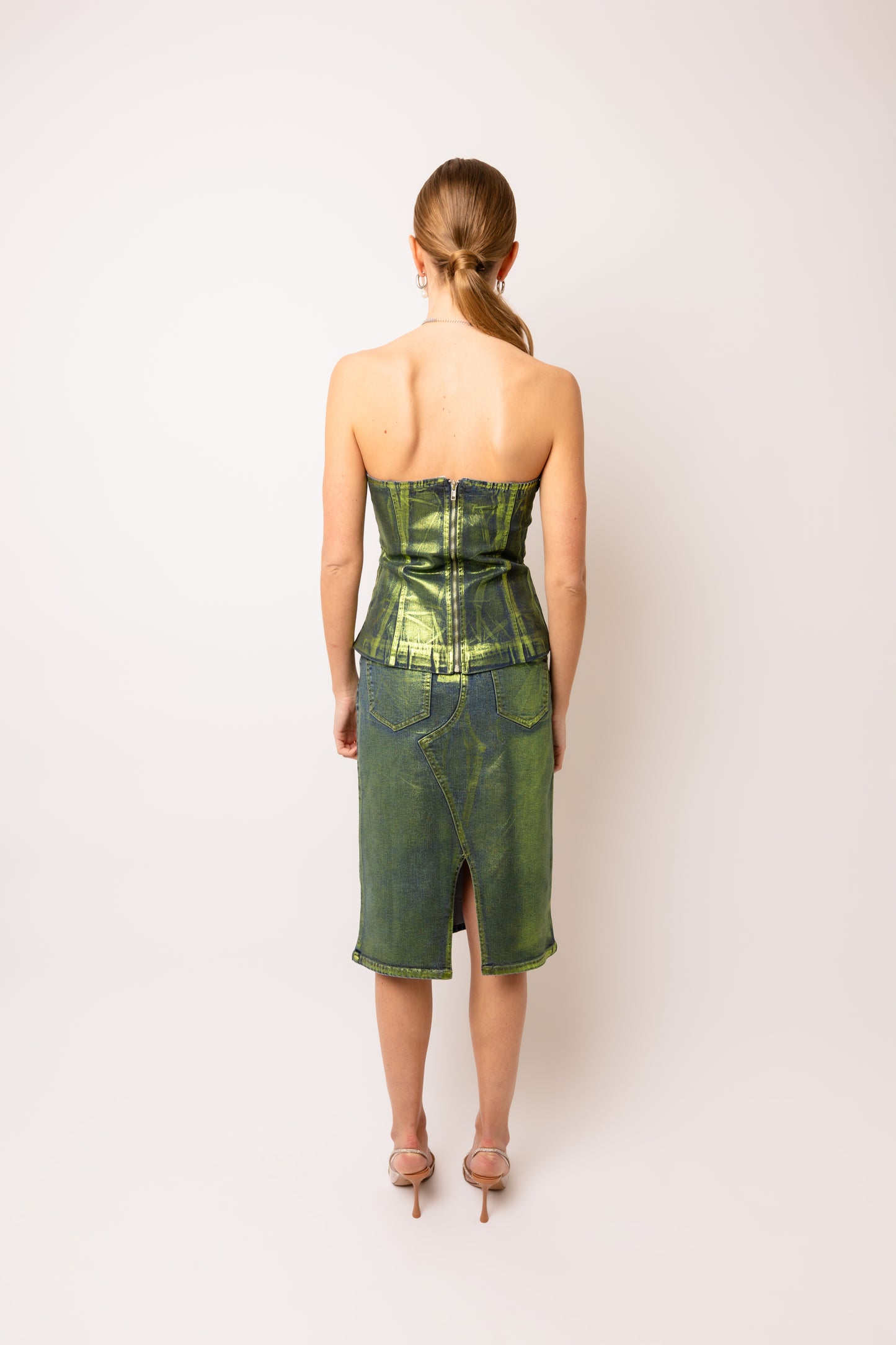 Clara Green Denim Foil Coated Midi Skirt-ALCM0005-1
