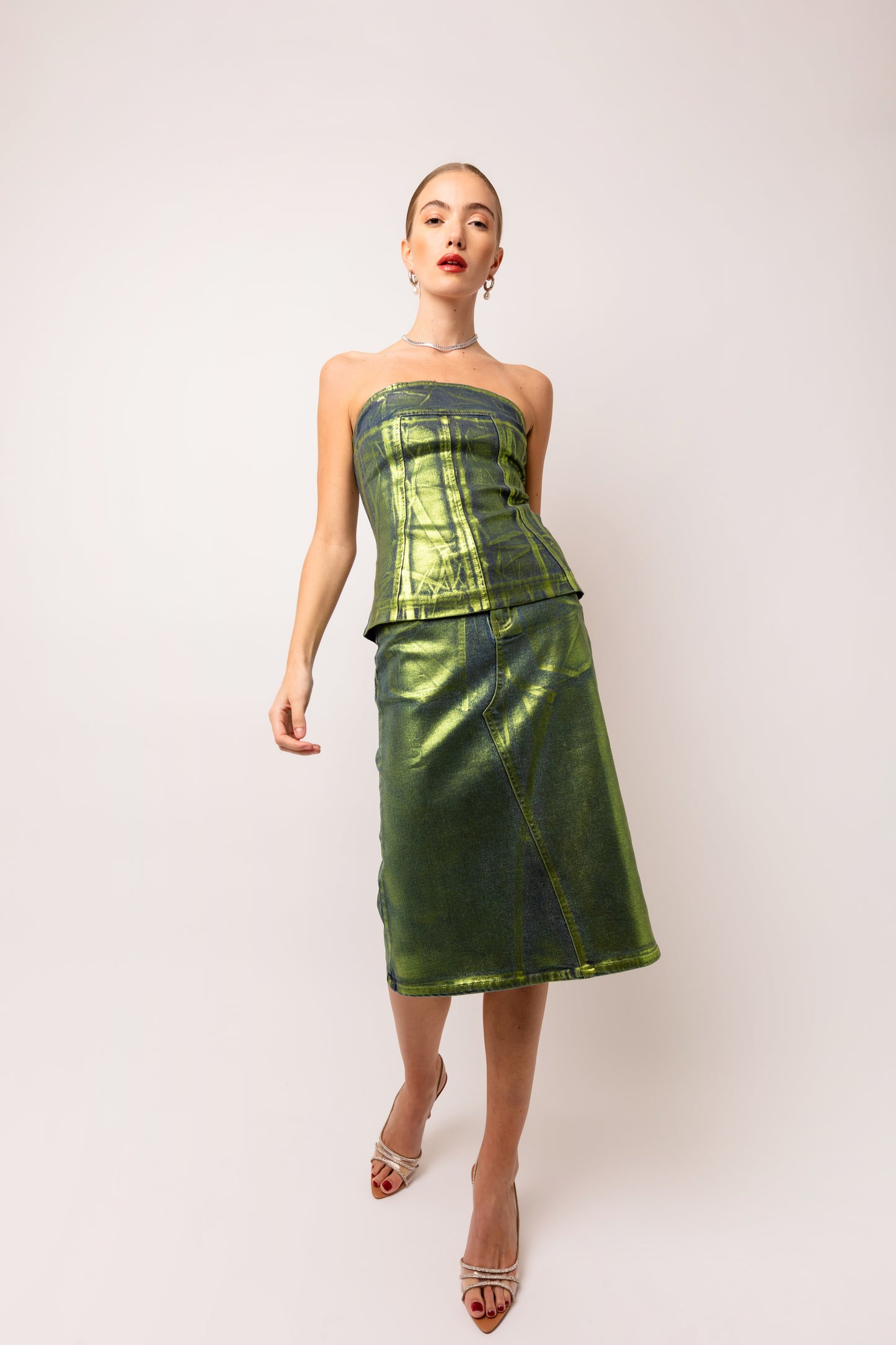 Clara Green Denim Foil Coated Midi Skirt-ALCM0005-1