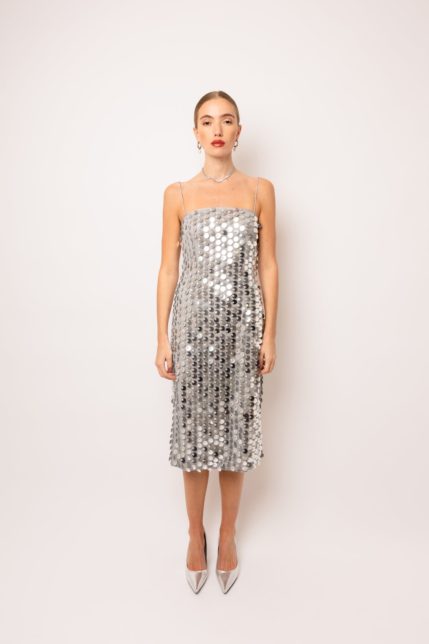 Farley Silver Disc Sequin Midi Dress-ALCM071