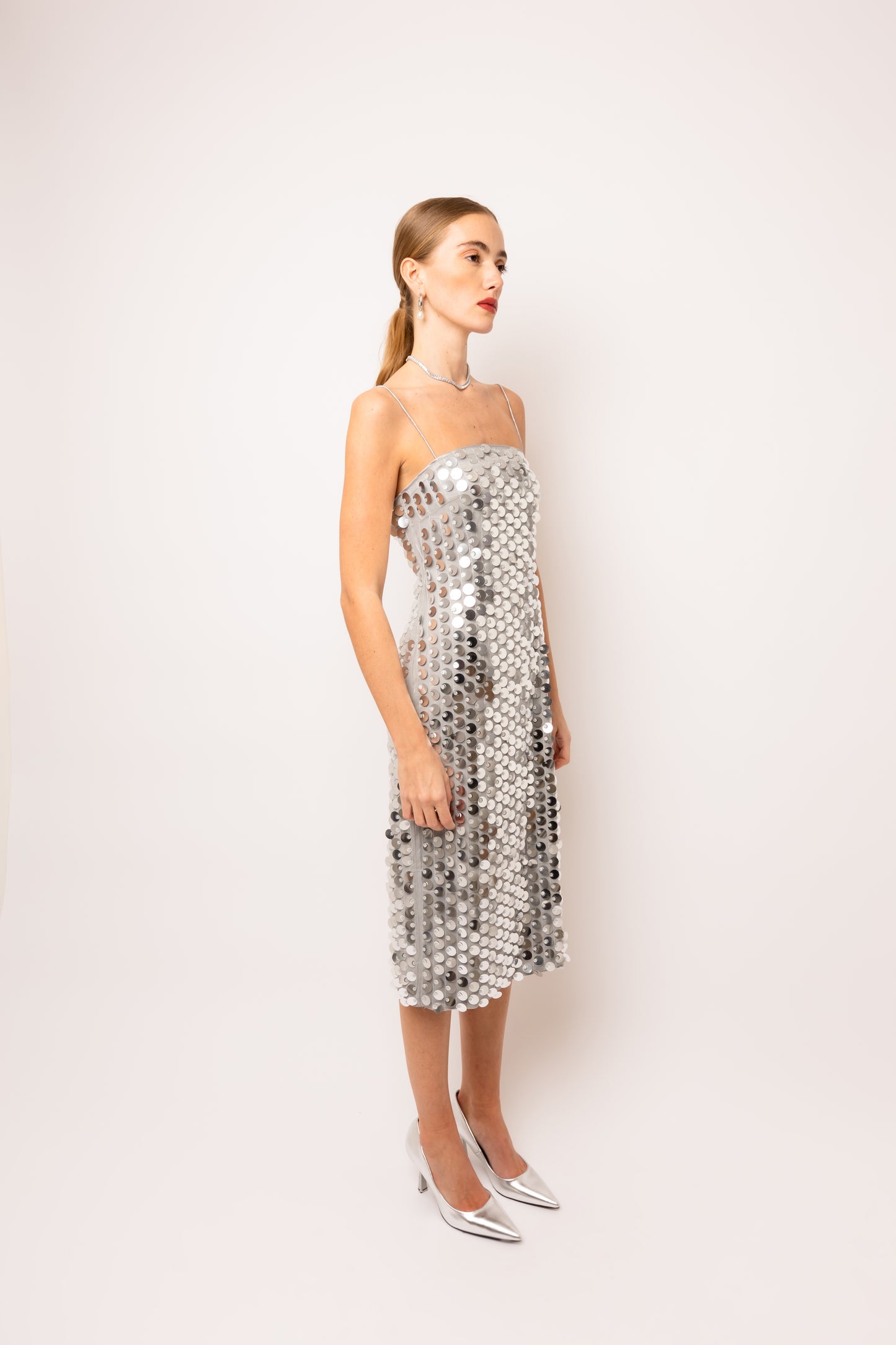 Farley Silver Disc Sequin Midi Dress-ALCM071