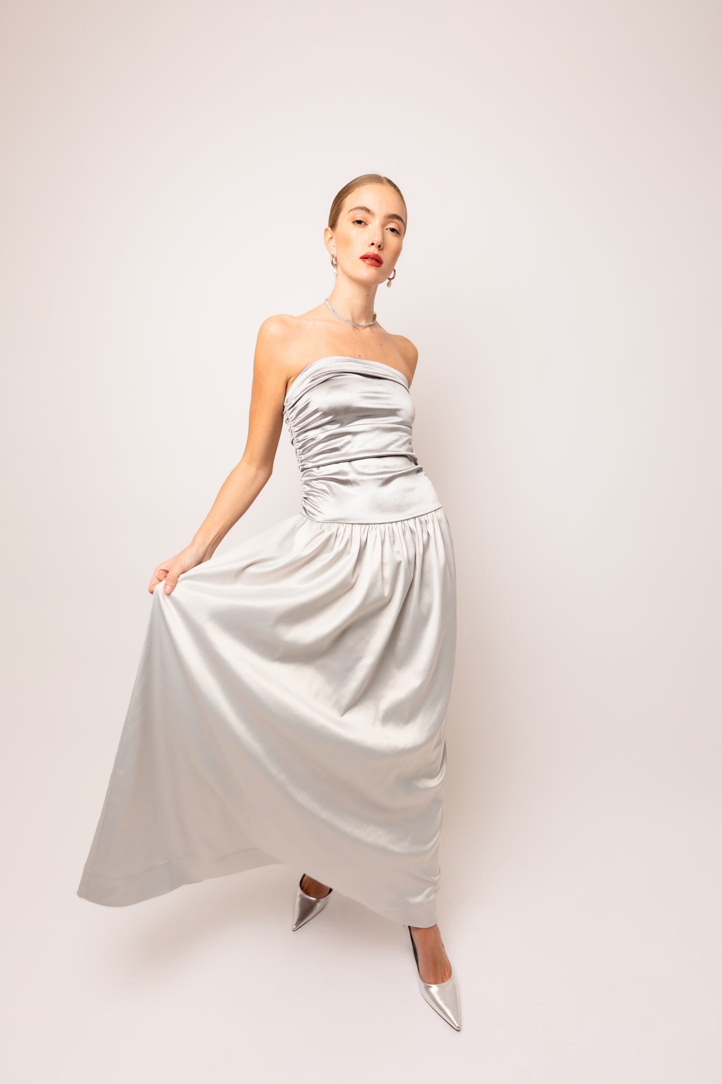 Micha Silver Satin Maxi Dress-ALCM073