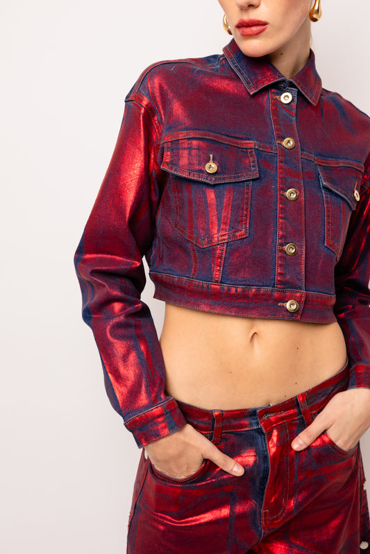 Halle Red Foil Coated Denim Jacket-ALLW038