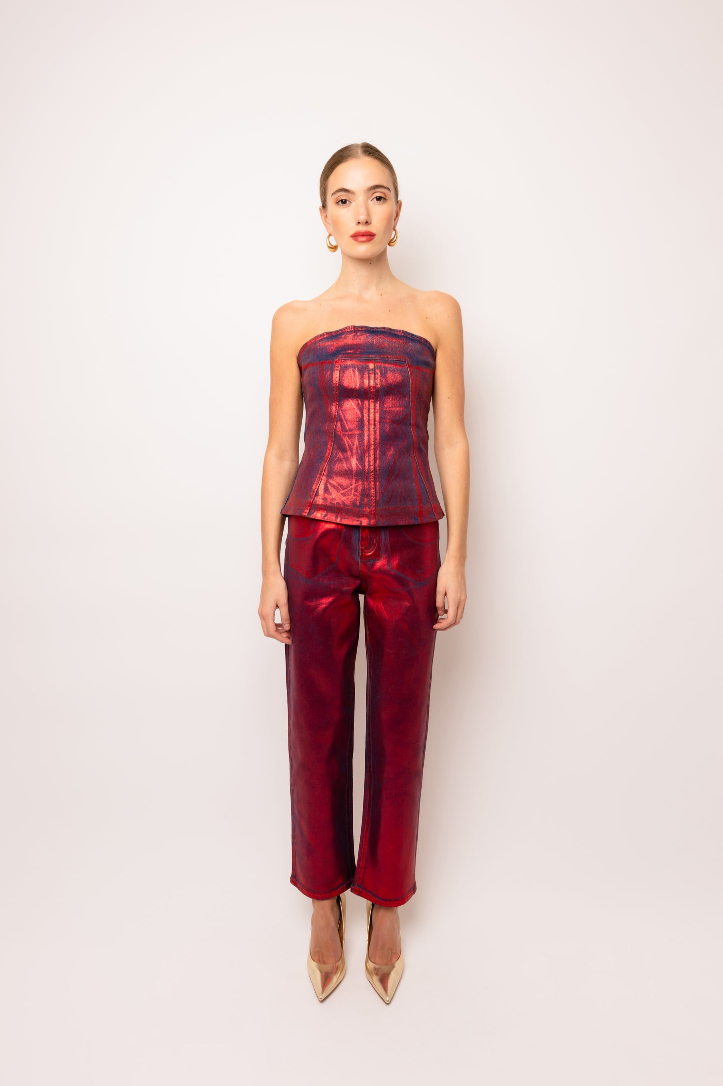 Lupe Red Denim Foil Coated Pants-DB005-11