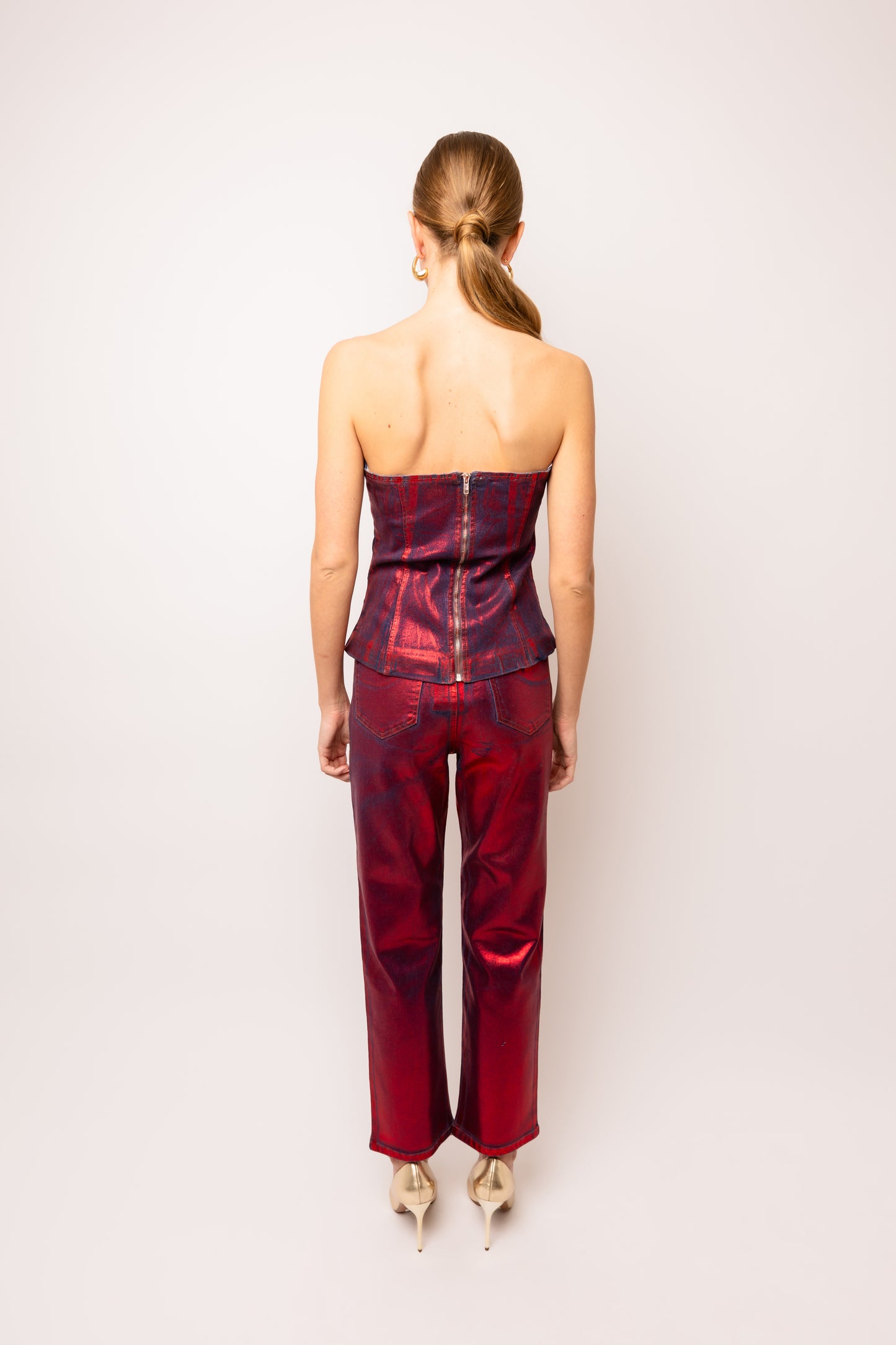 Lupe Red Denim Foil Coated Pants-DB005-11