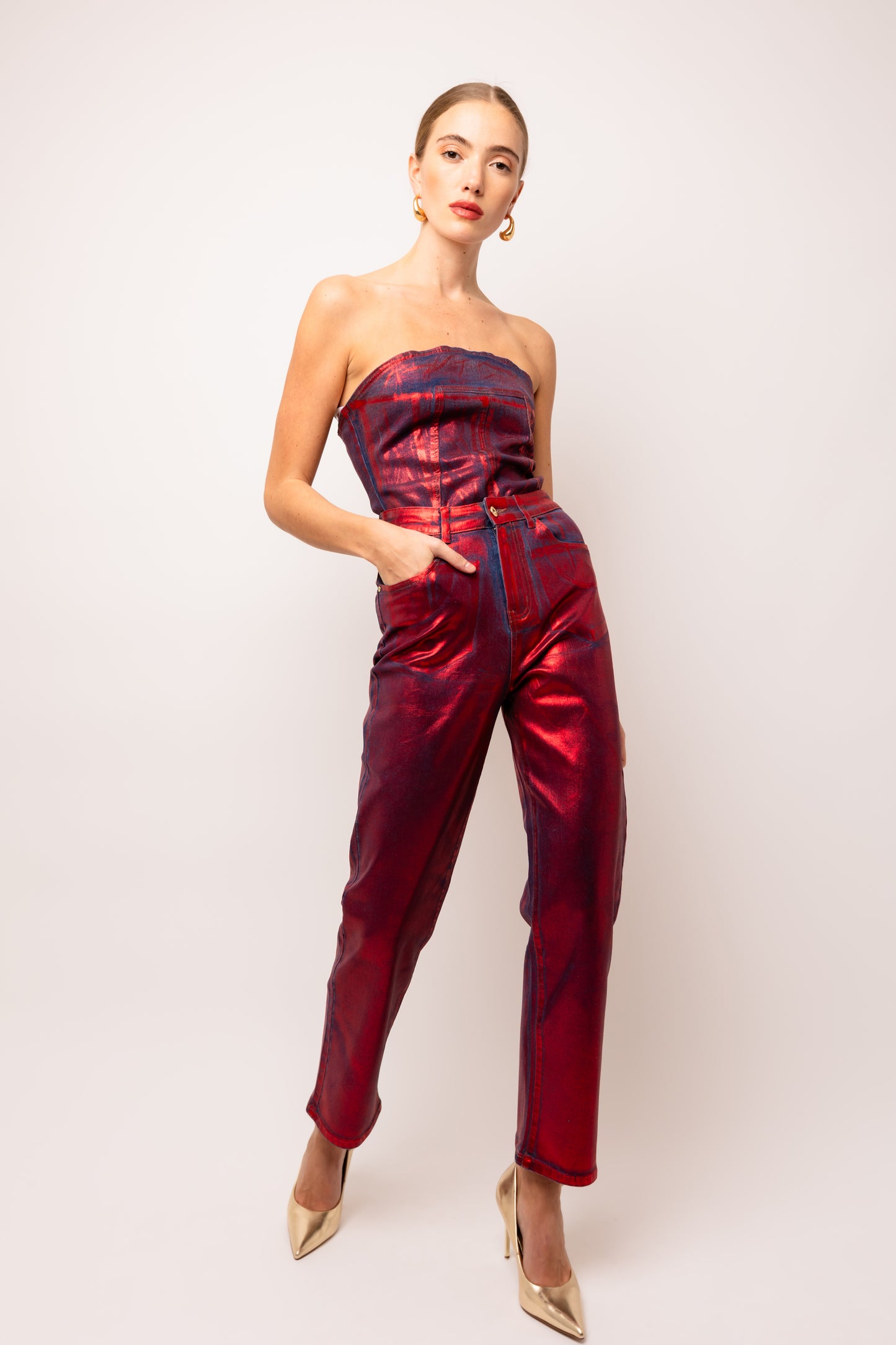 Lupe Red Denim Foil Coated Pants-DB005-11