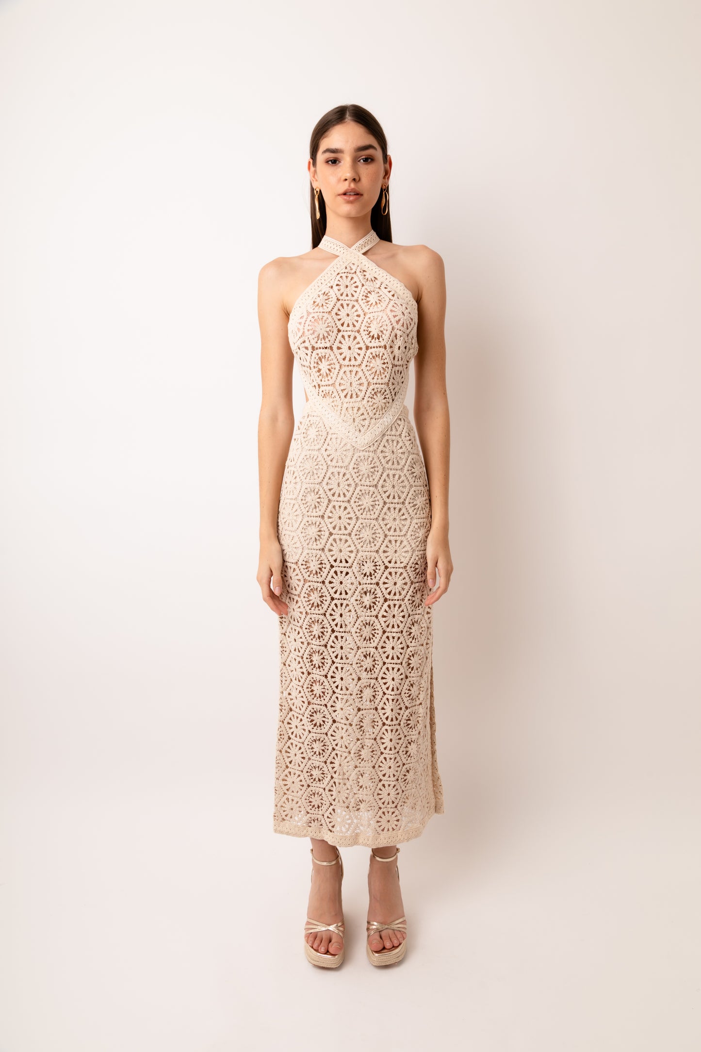 Tuscany Crochet Lace Cut Out Halter Maxi Dress-ALKL0235
