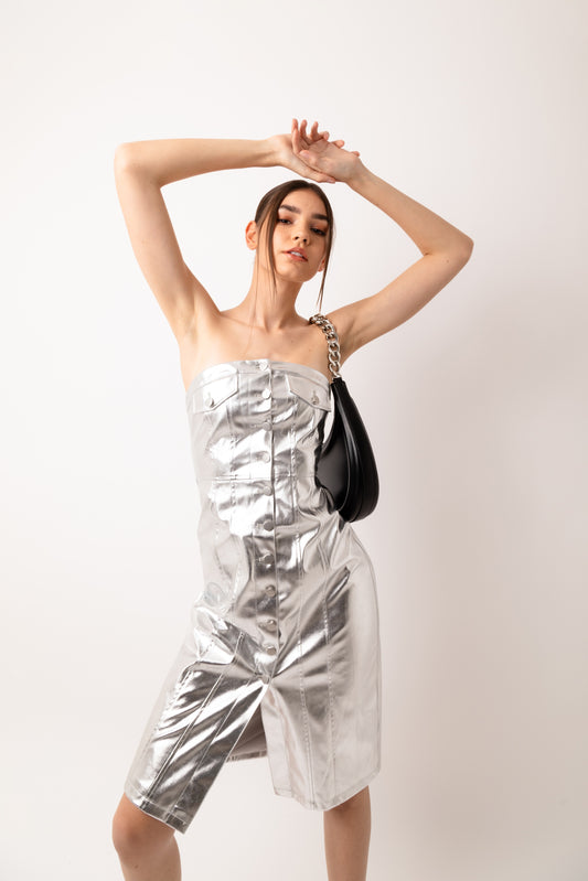 Hudson Silver Metallic Bandeau Midi Dress-ALJH0243