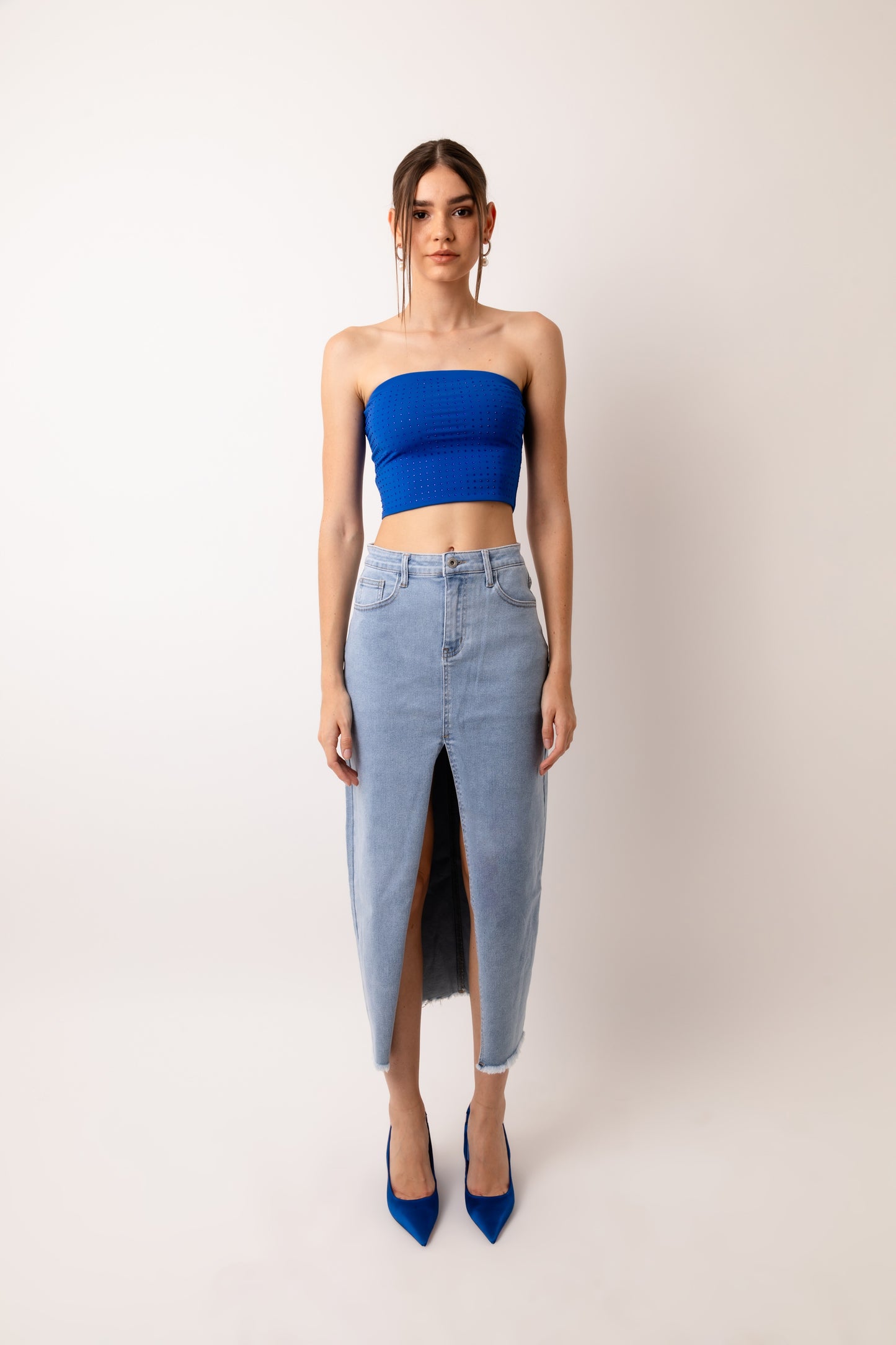 Maya Open Split Denim Midi Skirt-YHLY014