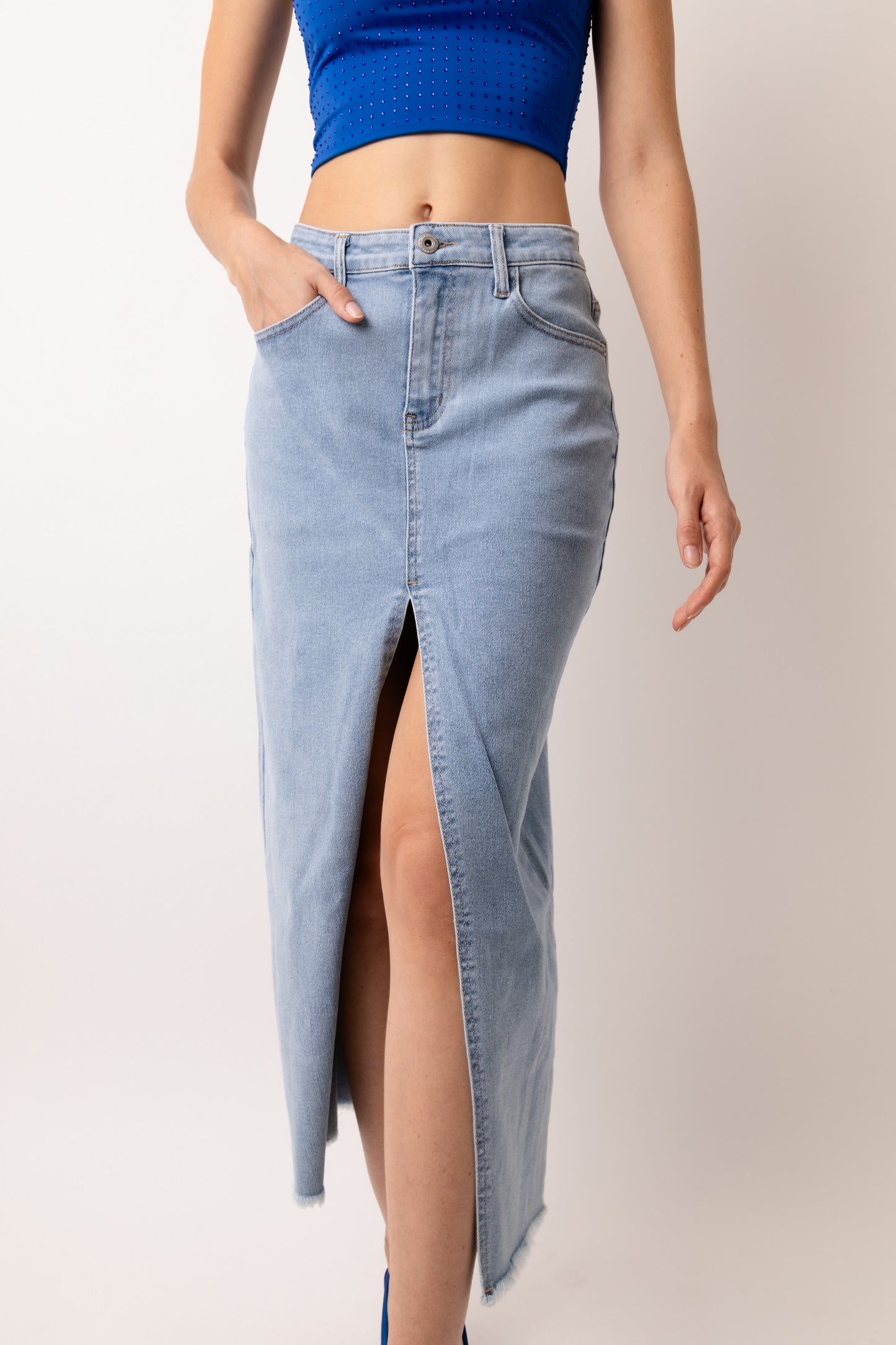 Maya Open Split Denim Midi Skirt-YHLY014