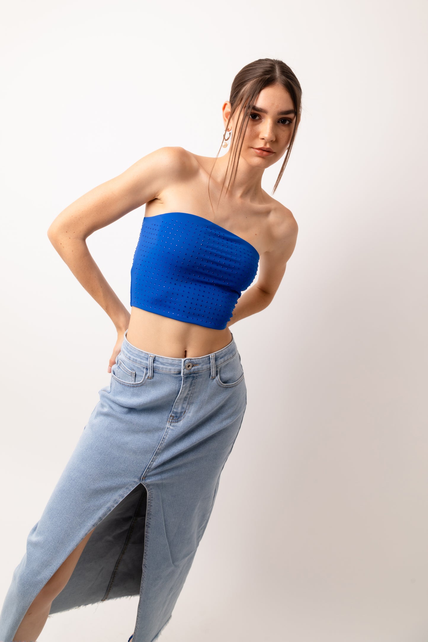 Maya Open Split Denim Midi Skirt-YHLY014