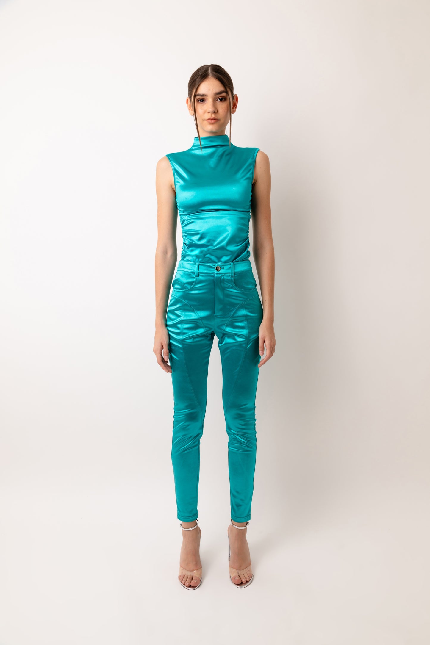 Elvis Aqua Blue High Neck Ruche Top-ALJH0244