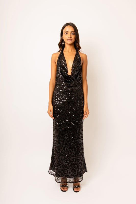 Rio Black Halter-neck Embellished Maxi Dress-ALCM0204