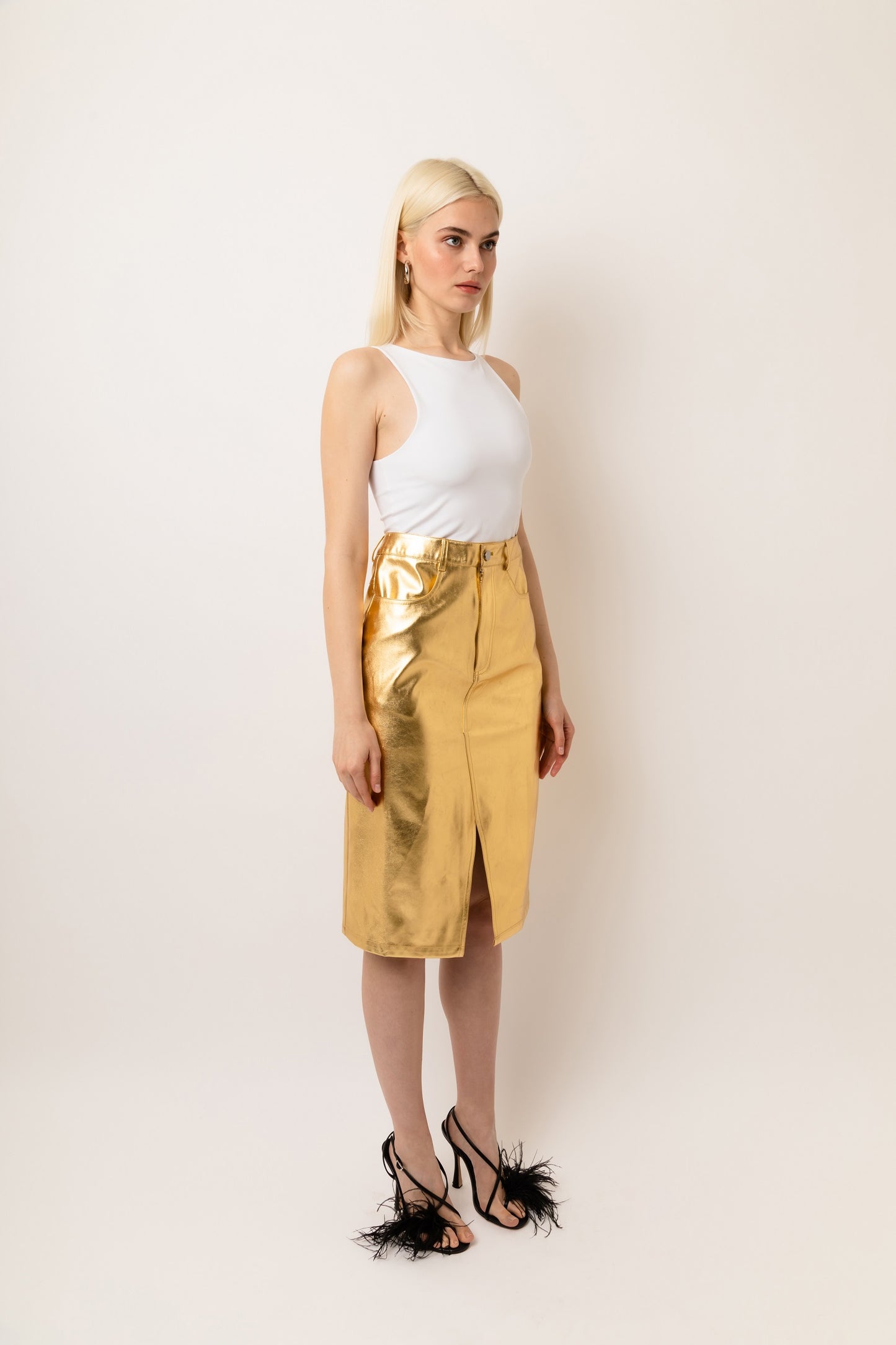Lupe High Waist Metallic Knee Length Skirt-ALJH0207-1