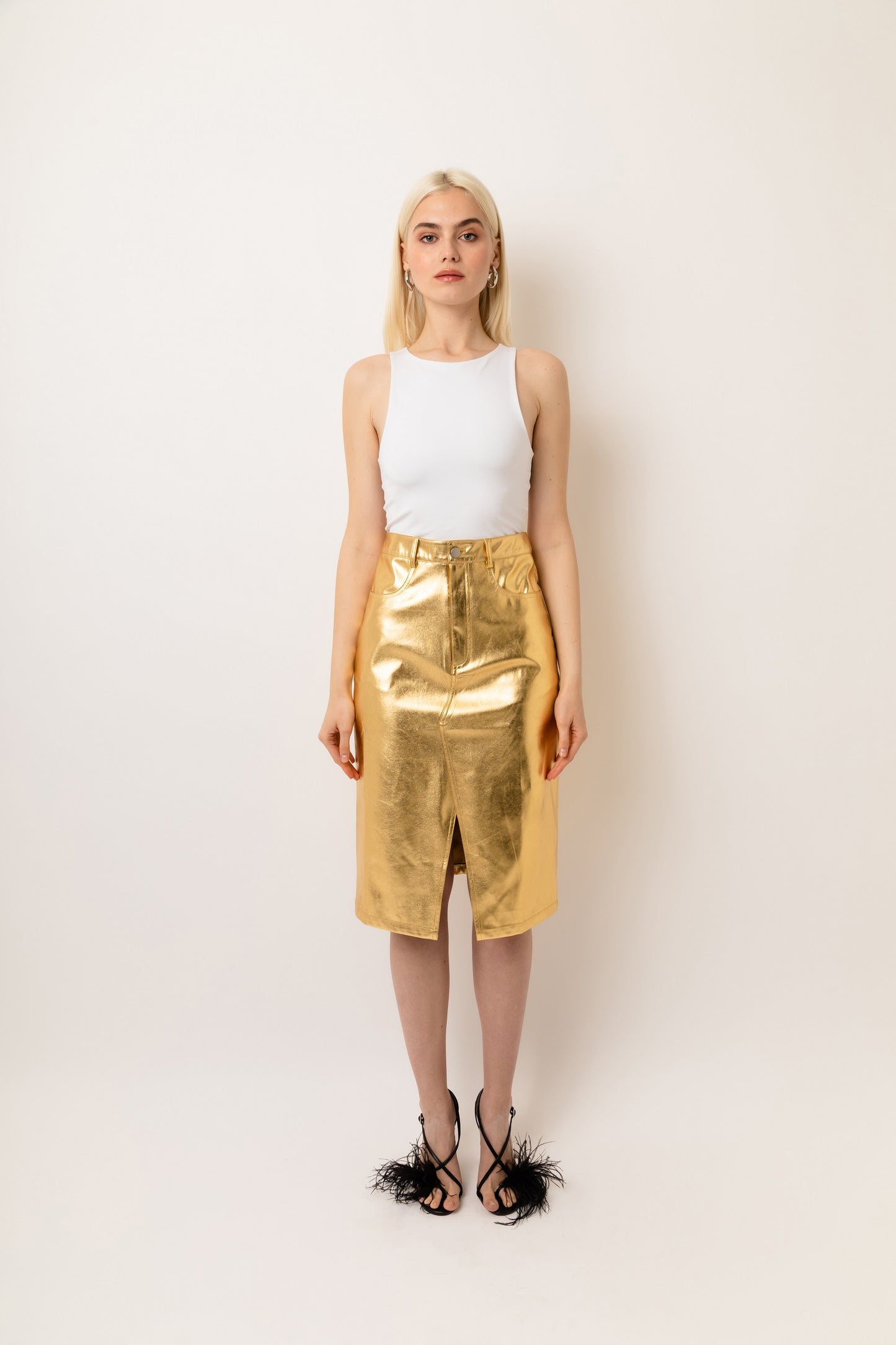 Lupe High Waist Metallic Knee Length Skirt-ALJH0207-1