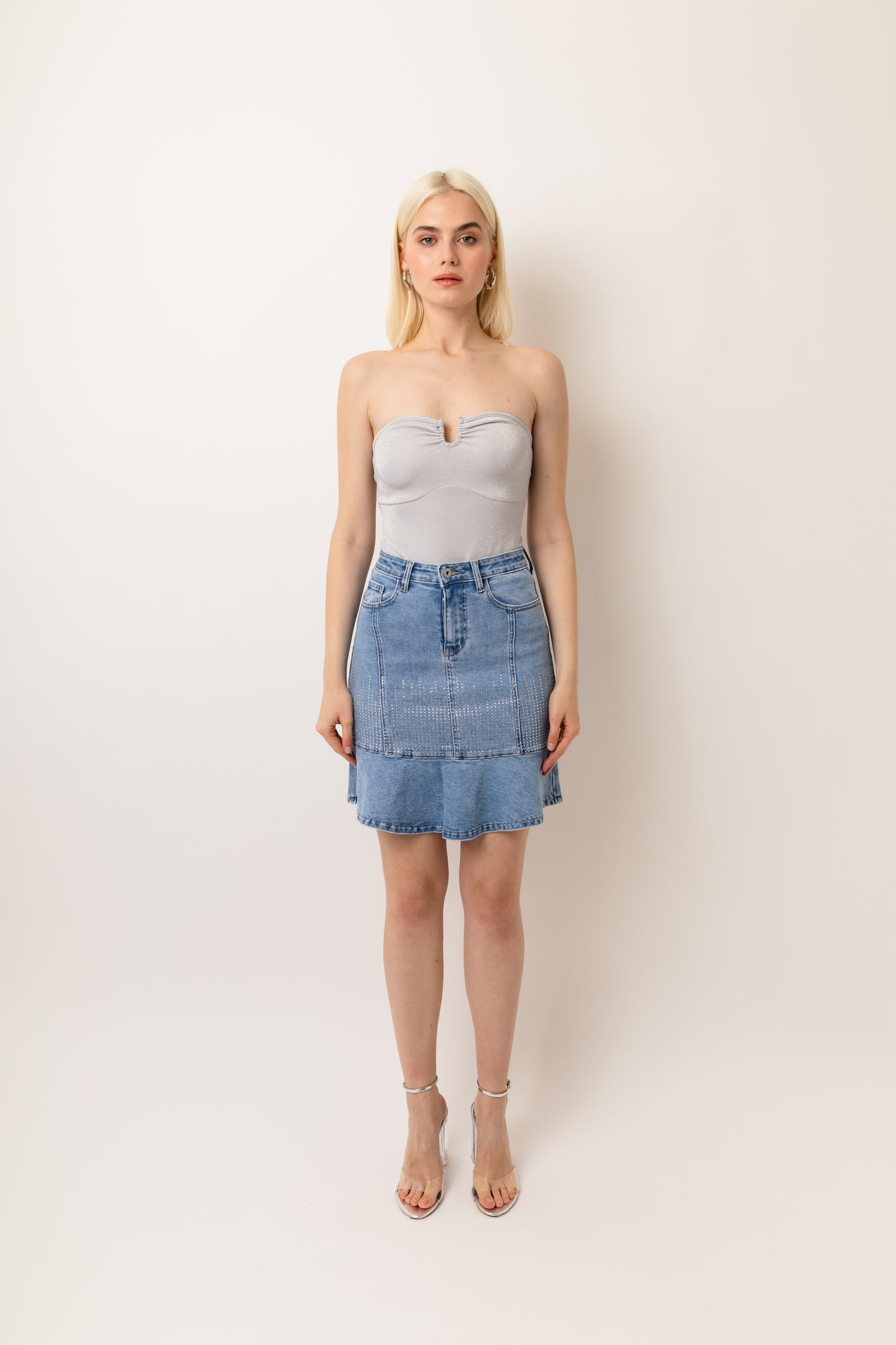 Cerys Stretch Denim Peplum Mini Skirt-YH317