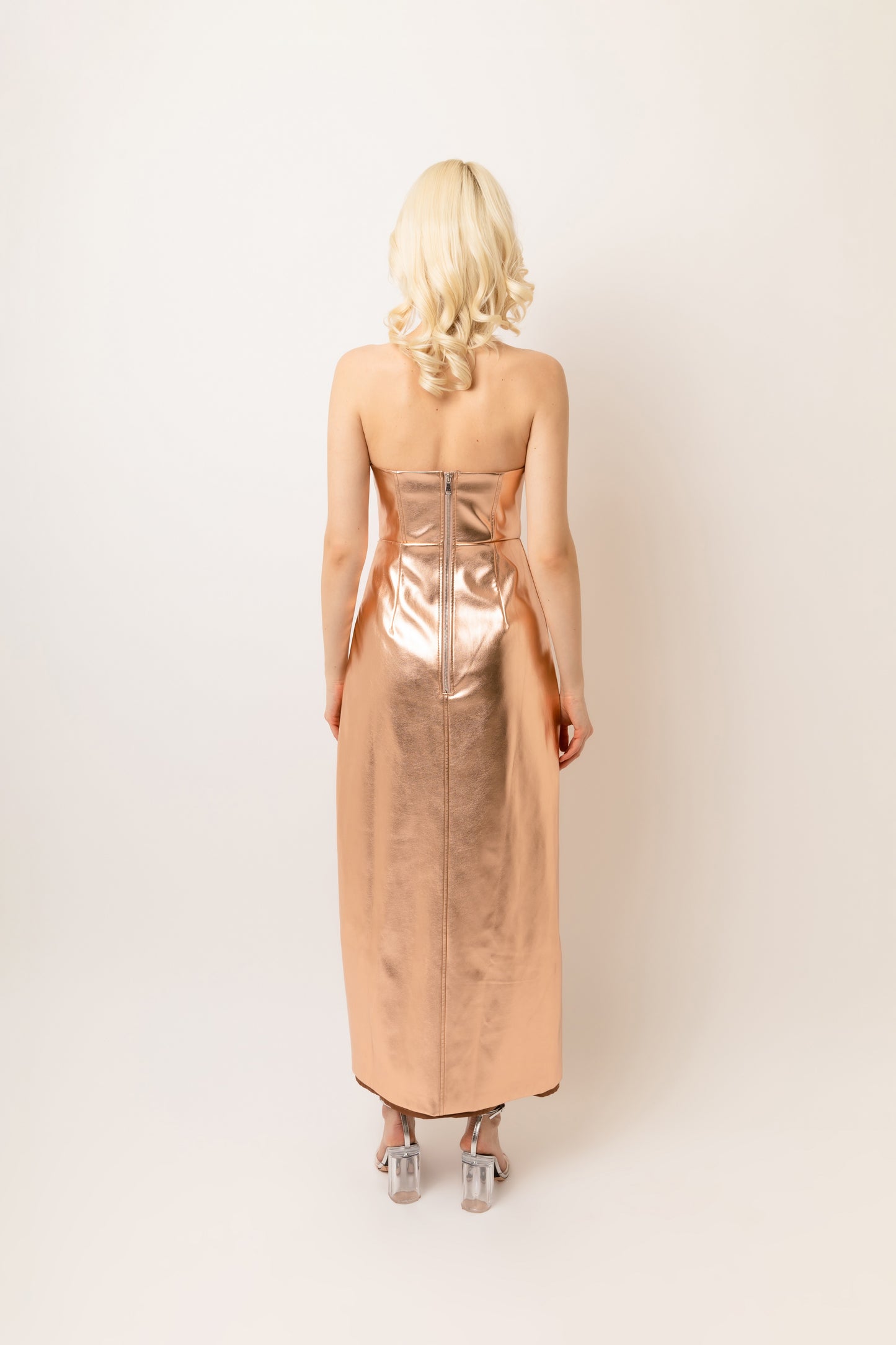 Gizelle Faux Leather Rear Zip Bandeau Maxi Dress-ALJH0183 GOLD