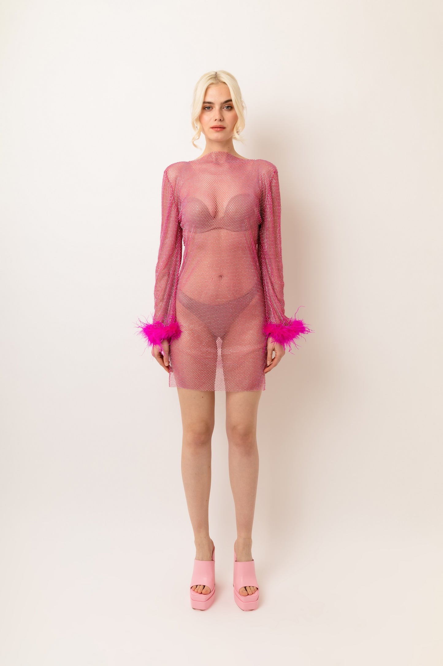 IDA PINK NET MESH RHINESTONE MINI DRESS-ALXDL015