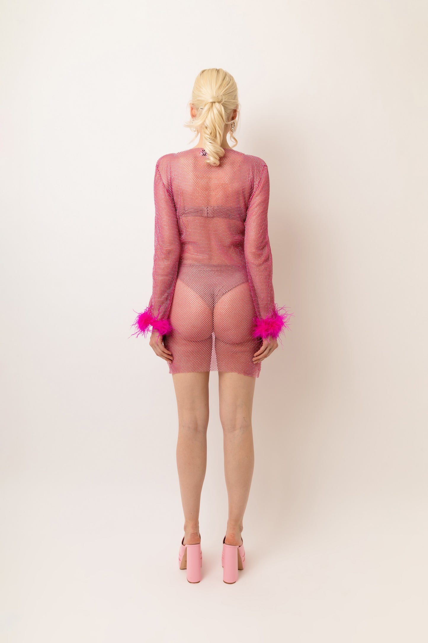 IDA PINK NET MESH RHINESTONE MINI DRESS-ALXDL015