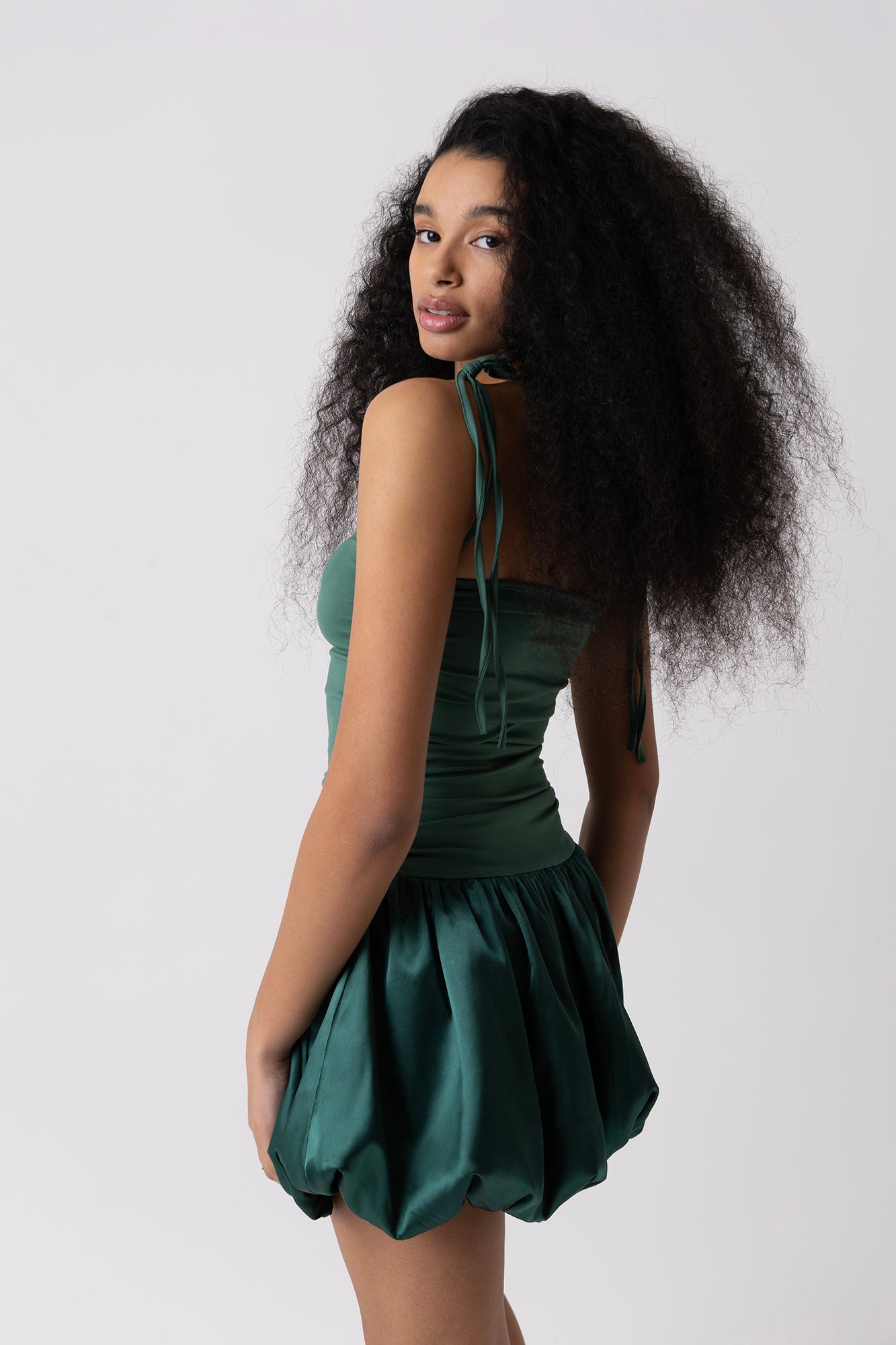 Alexa Green Satin Puffball Ultra Mini Dress-ALLW140-4