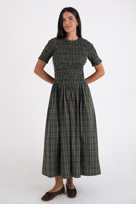 Beatrix Pure Cotton Smocked Green Plaid Midi Dress-ALCM301-1