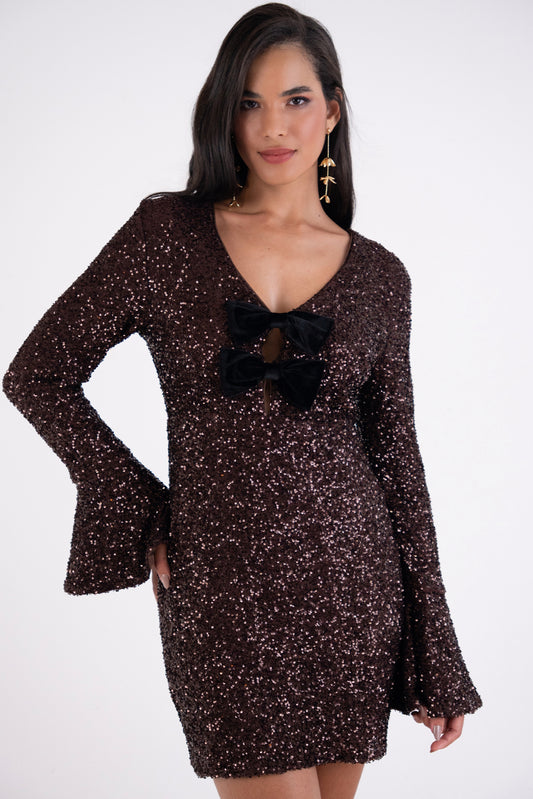 Diana Premium Brown Sequin Dress with Bow Tie-ALLW463