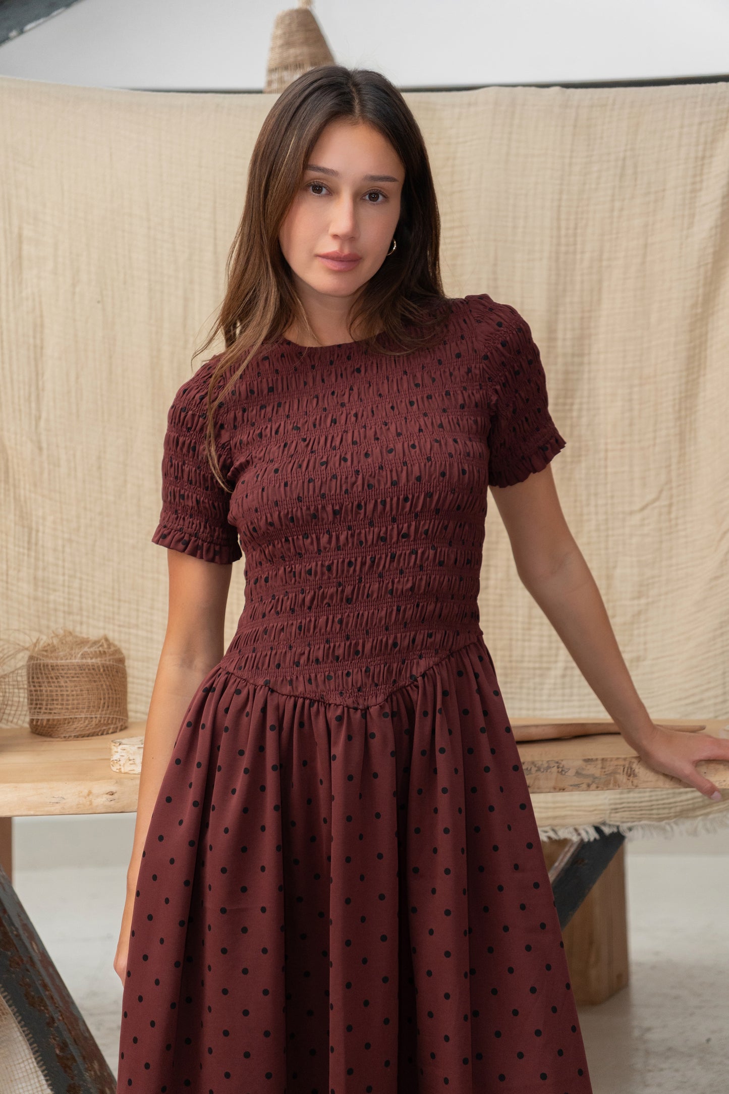 Beatrix Smocked Plum Polka Dot Midi Dress-ALCM301-6