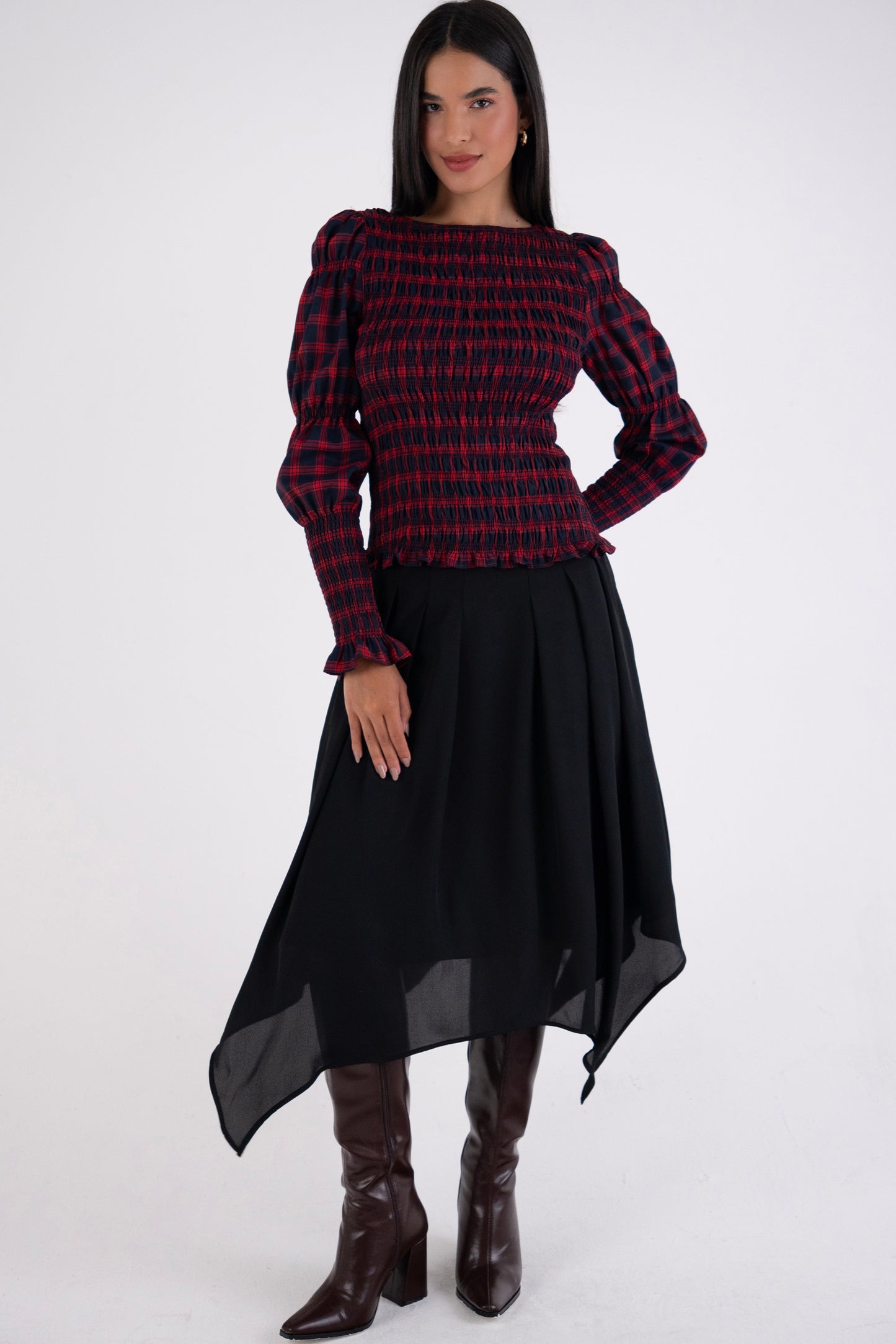 Iris Pure Cotton Red Plaid Smocked Top-ALLW474