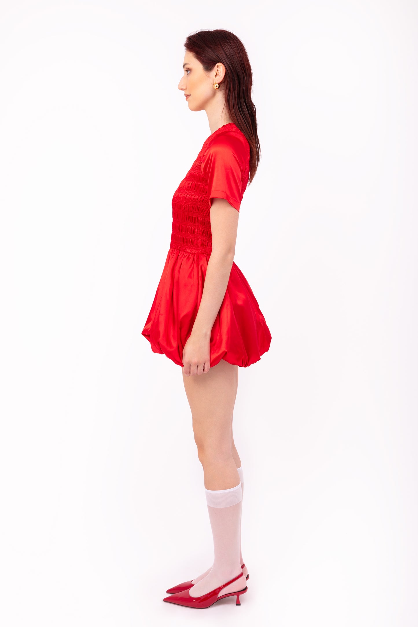 Eleanor Red Satin Puffball Ultra Mini Dress-ALLW168-5