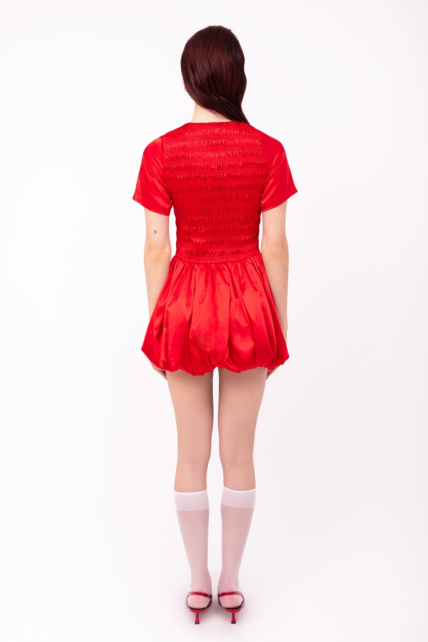 Eleanor Red Satin Puffball Ultra Mini Dress-ALLW168-5
