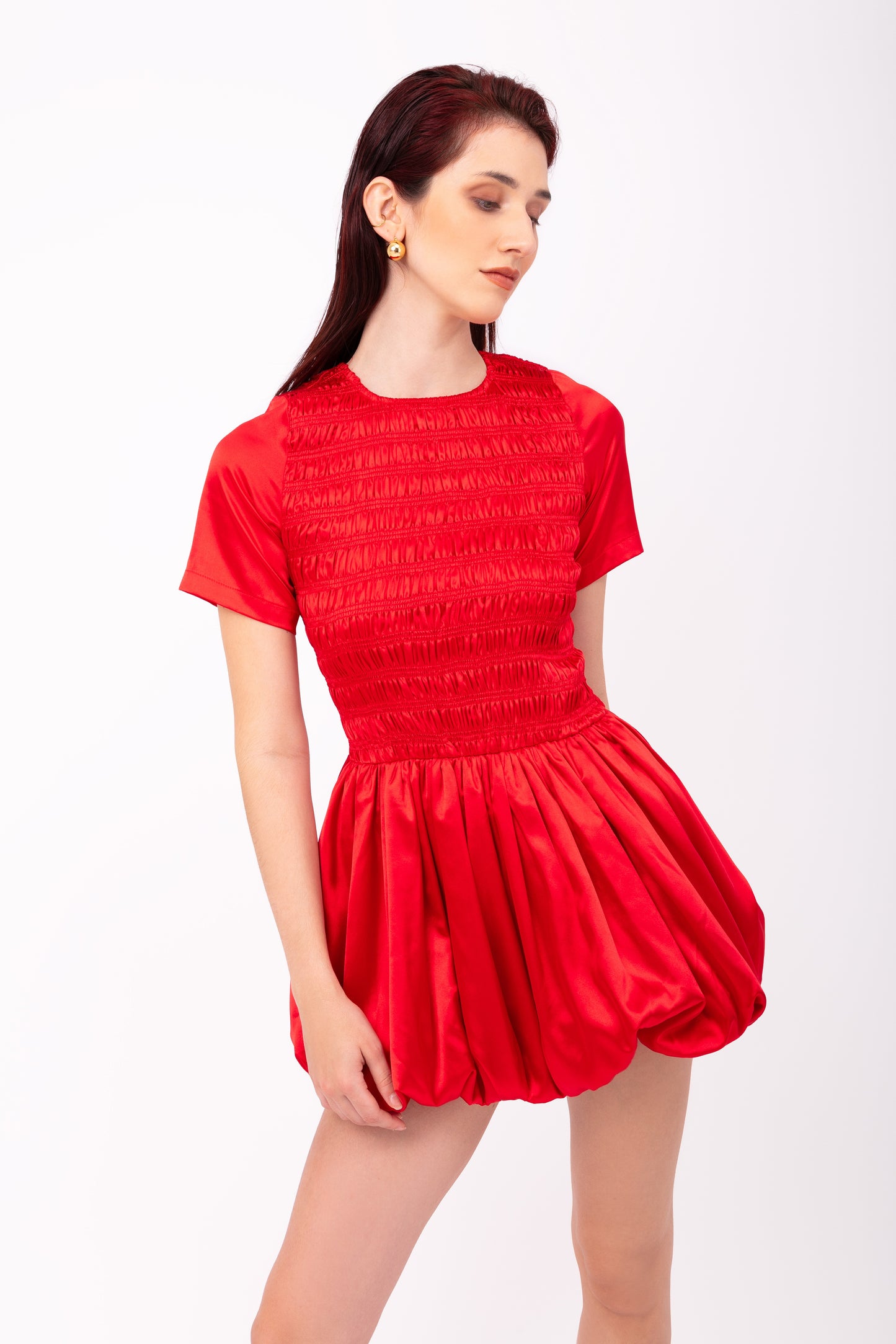 Eleanor Red Satin Puffball Ultra Mini Dress-ALLW168-5