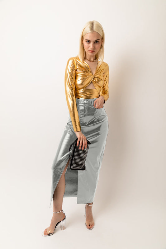 LUPE SILVER METALLIC MAXI SKIRT-ALJH0231