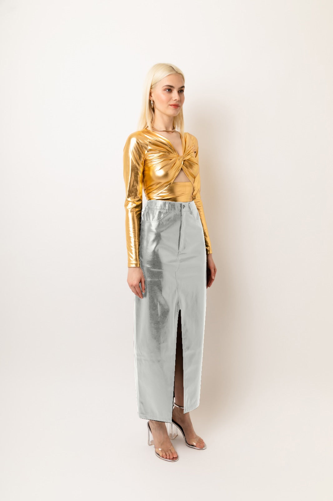 LUPE SILVER METALLIC MAXI SKIRT-ALJH0231