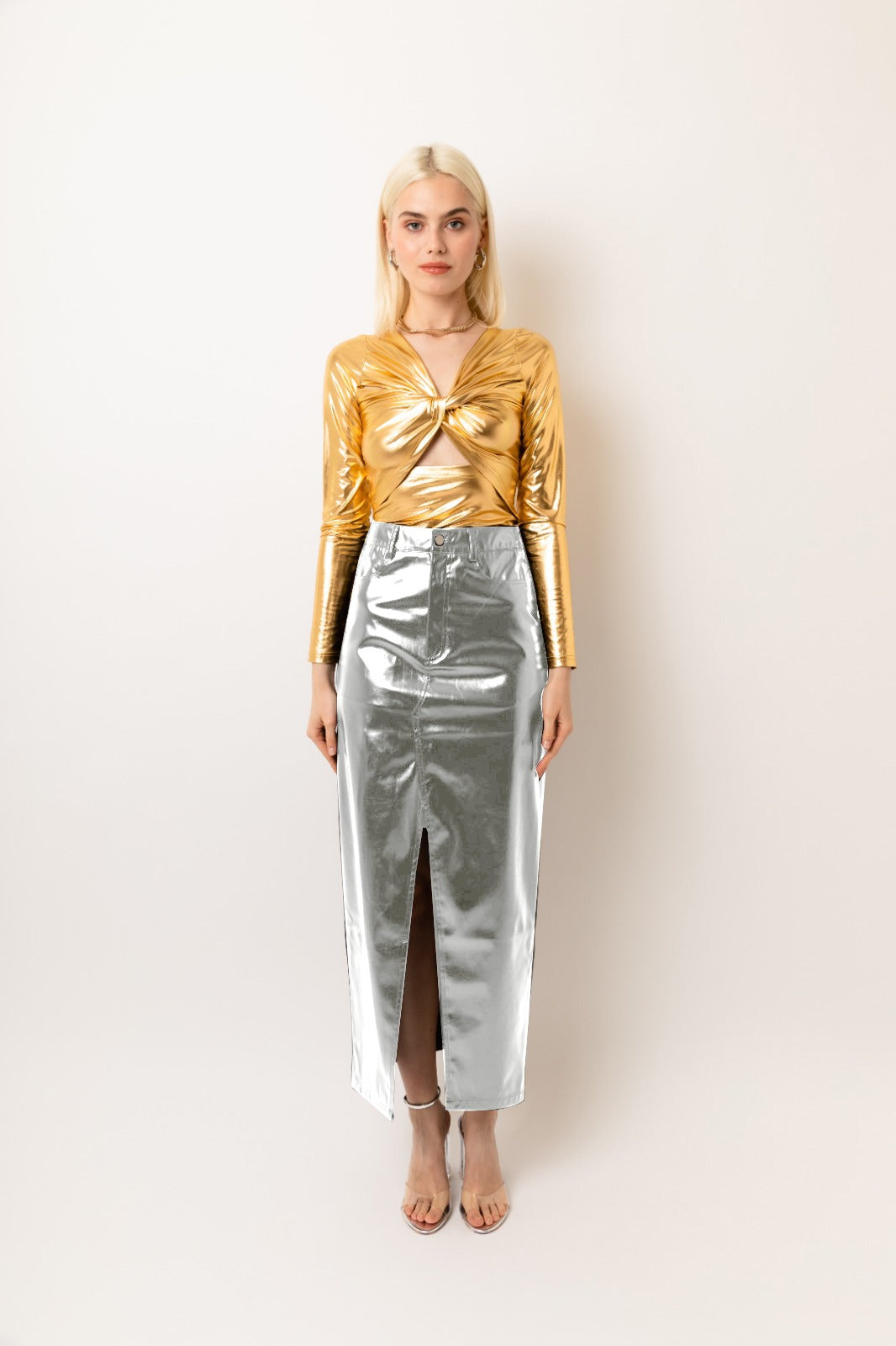 LUPE SILVER METALLIC MAXI SKIRT-ALJH0231