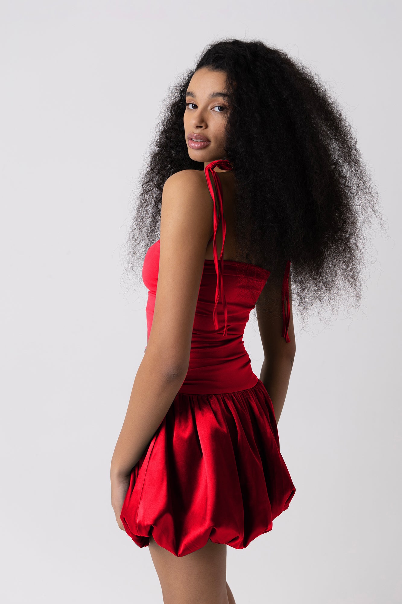 Alexa Red Satin Puffball Ultra Mini Dress-ALLW140-5