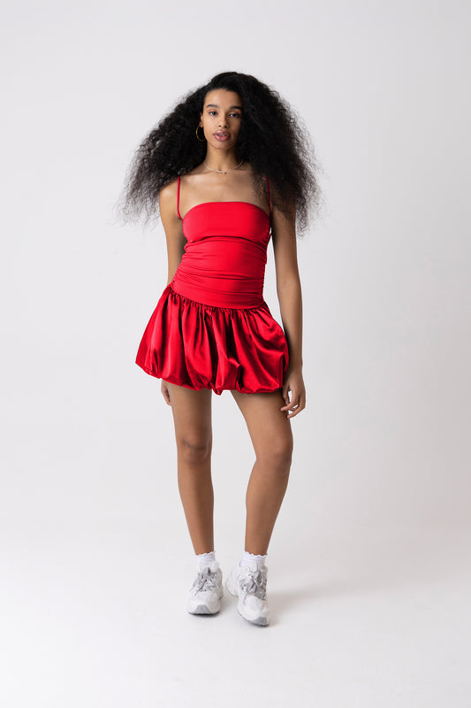 Alexa Red Satin Puffball Ultra Mini Dress-ALLW140-5