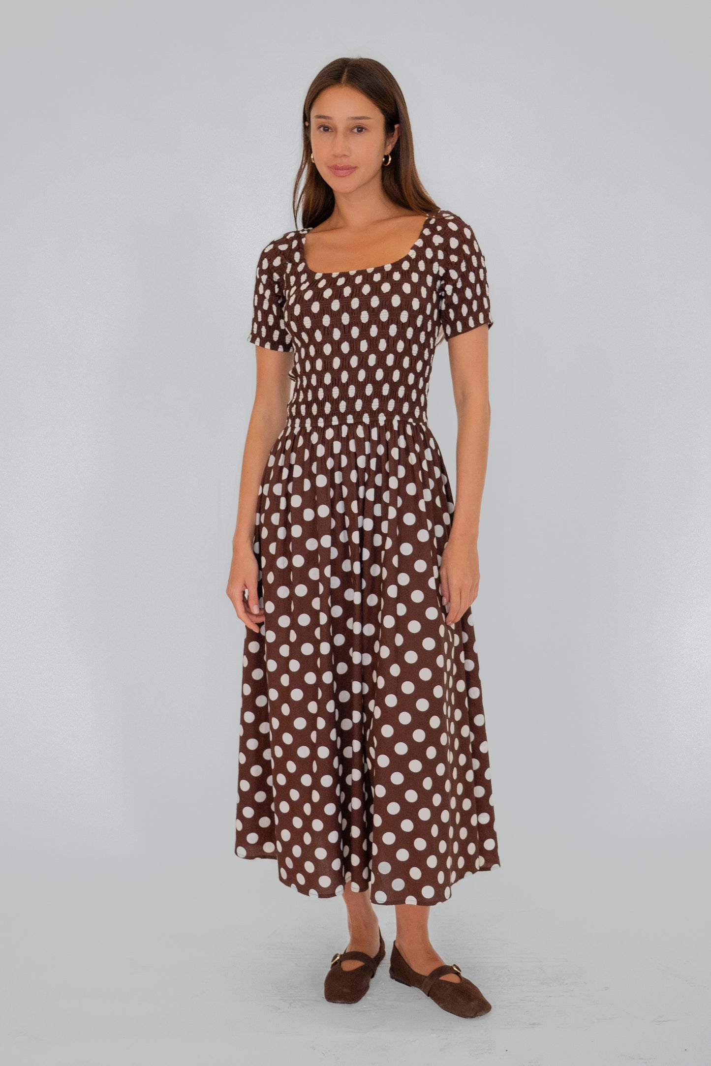 Matilda Pure Cotton Brown Polka Dot Midi Dress-ALLW483-3
