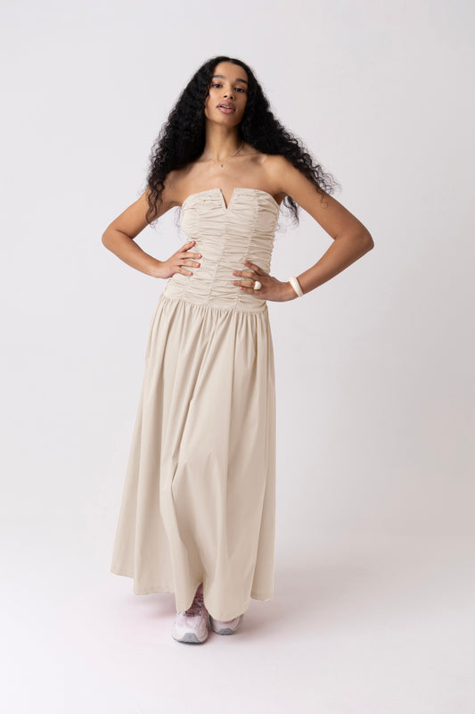 Shyla Milk Ruched Column Bardot Maxi Dress-ALLW221