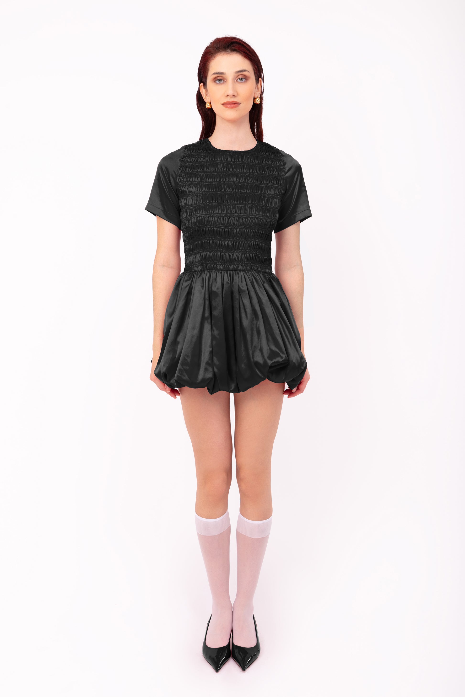Eleanor Black Satin Puffball Ultra Mini Dress-ALLW168-4 Eleanor Black Satin Puffball Ultra Mini Dress-ALLW168-4