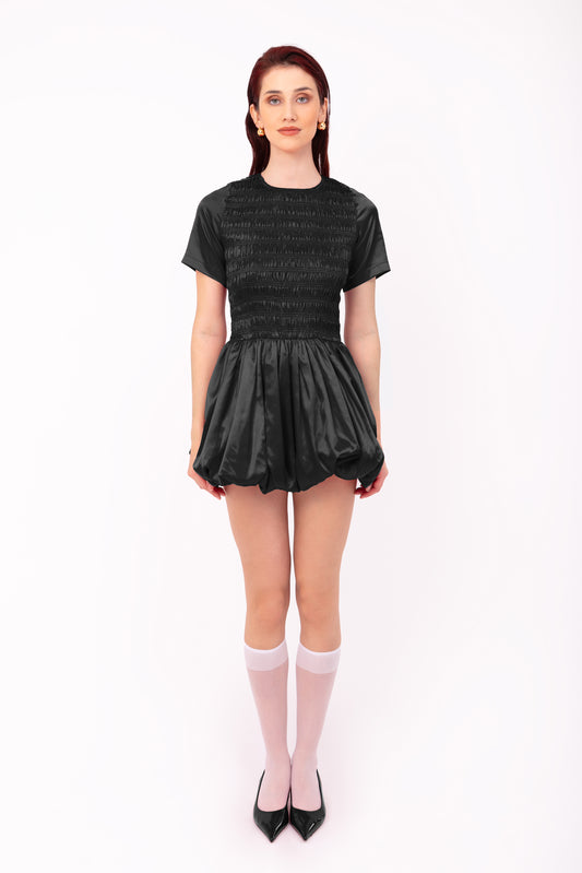 Eleanor Black Satin Puffball Ultra Mini Dress-ALLW168-4