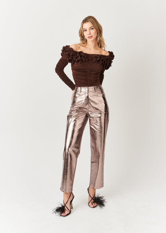 Yasmine Straight Faux Leather Metallic Pants-ALJH0133