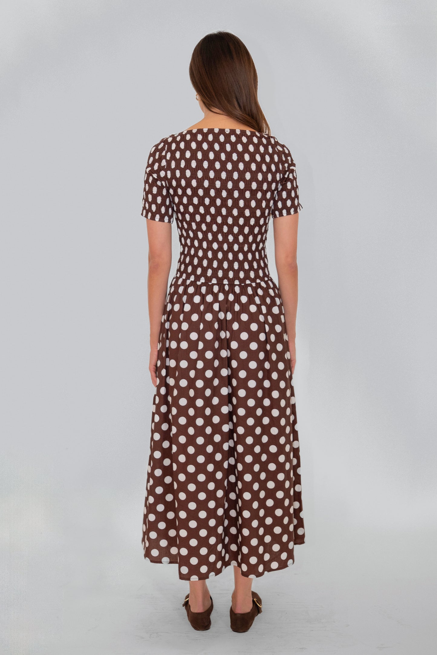 Matilda Pure Cotton Brown Polka Dot Midi Dress-ALLW483-3