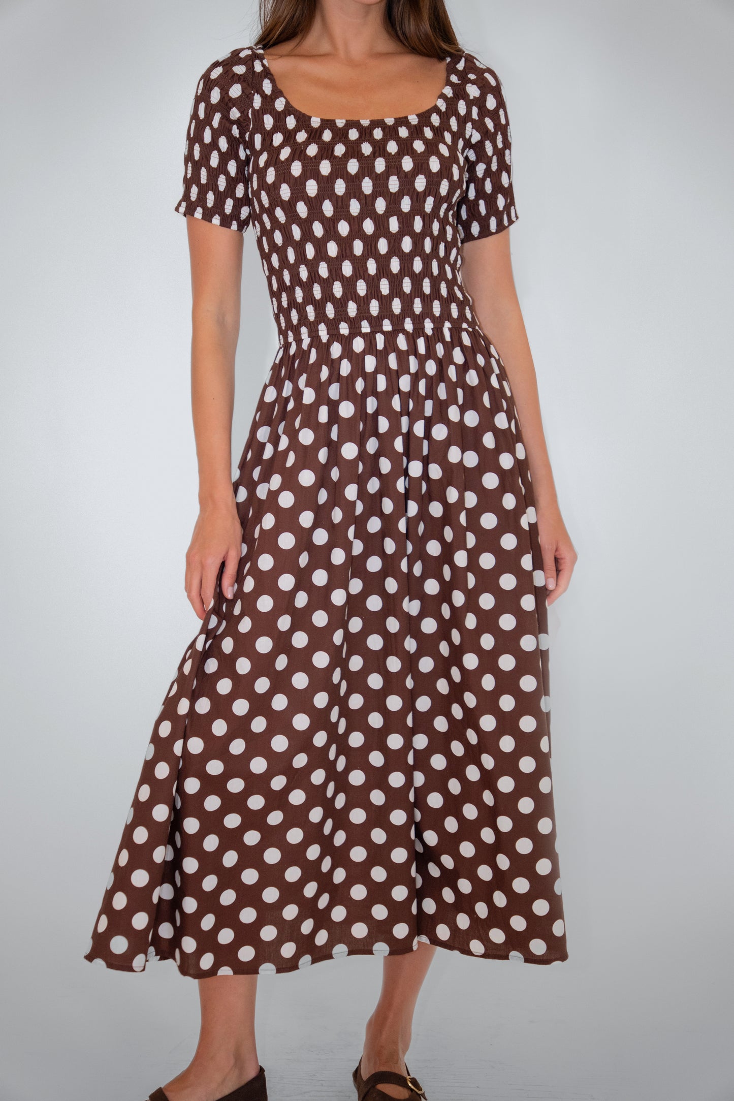 Matilda Pure Cotton Brown Polka Dot Midi Dress-ALLW483-3