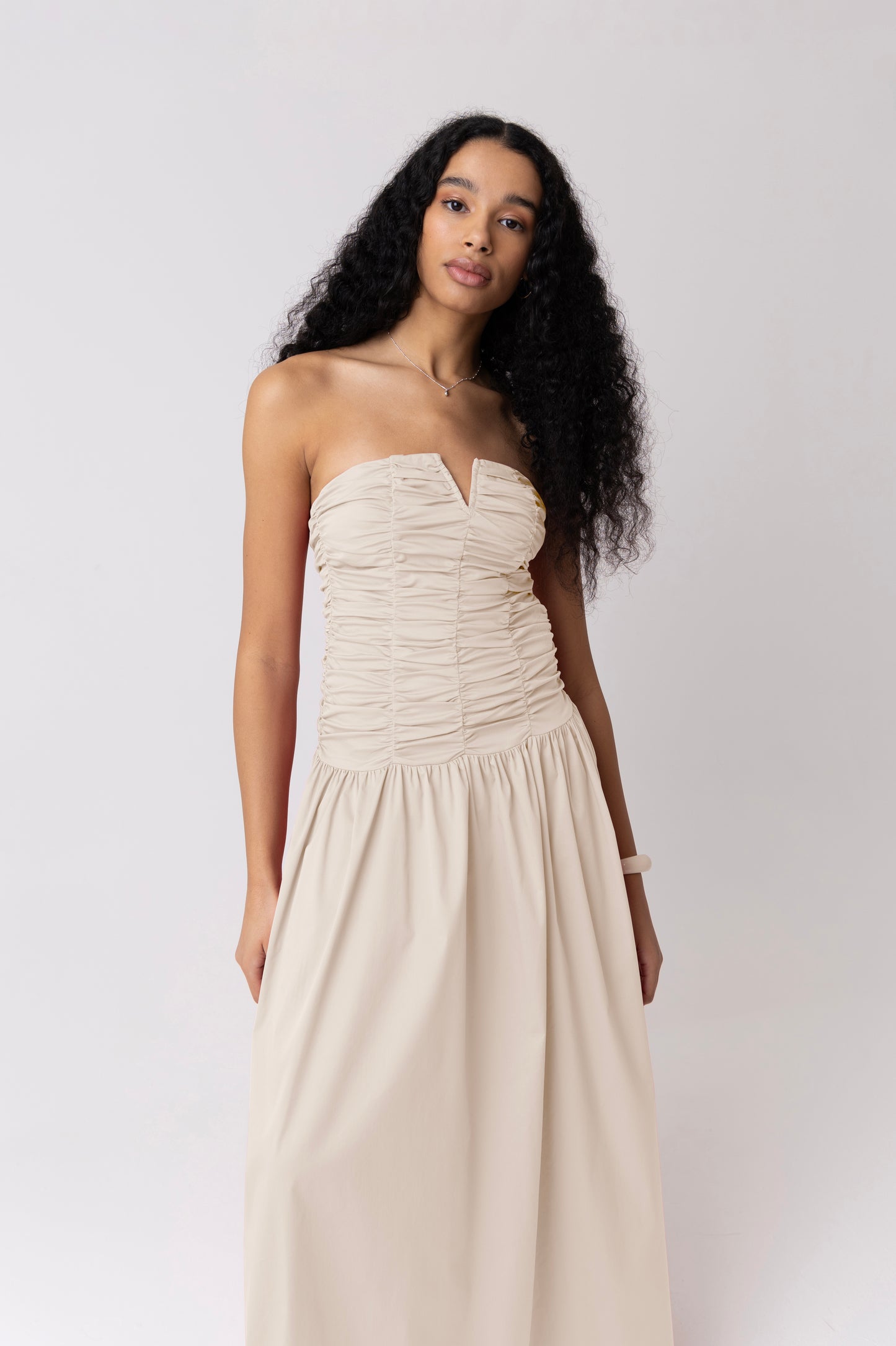 Shyla Milk Ruched Column Bardot Maxi Dress-ALLW221