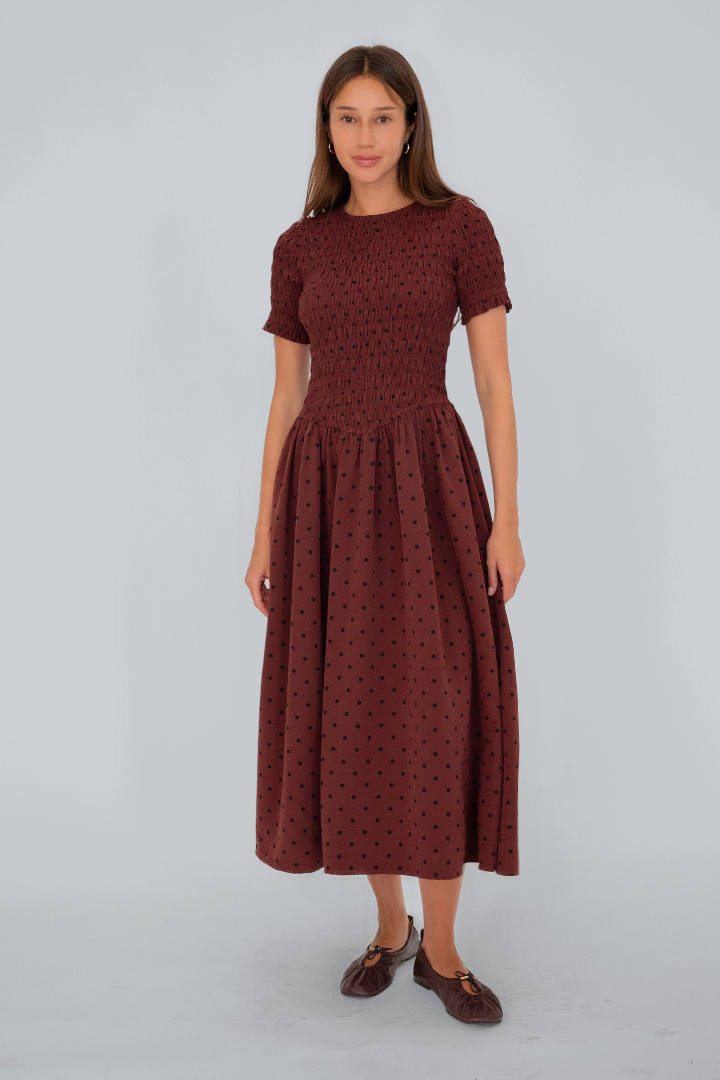 Beatrix Smocked Plum Polka Dot Midi Dress-ALCM301-6